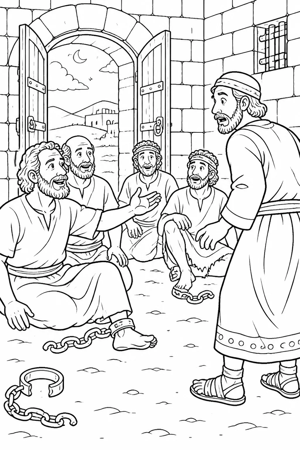 Paul calls to the jailer inside a Philippian prison after an earthquake opens the doors and loosens the prisoners’ bonds.