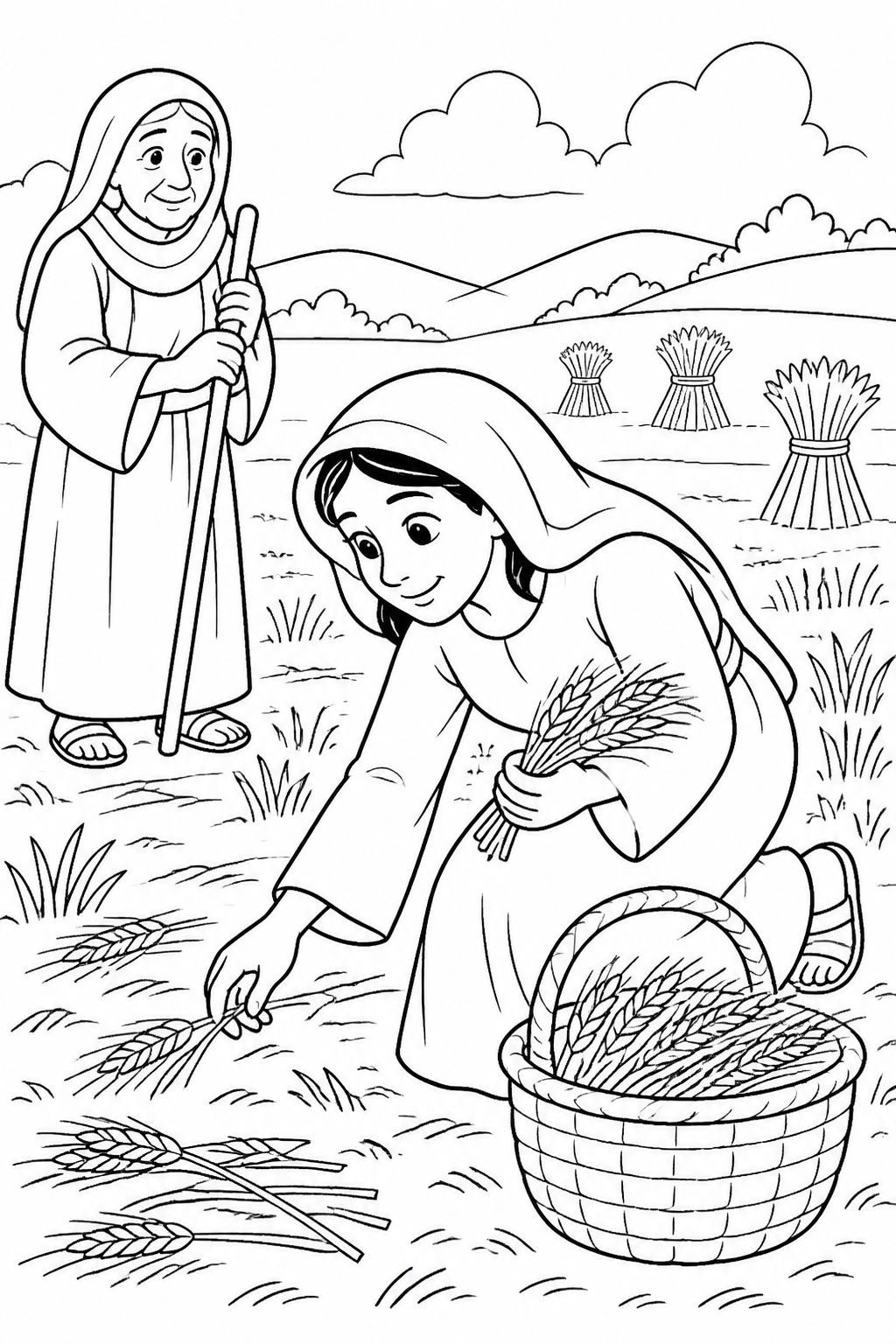 Ruth Gathers Leftover Grain from Ruth Gleans in Boaz’s Field Bible coloring page