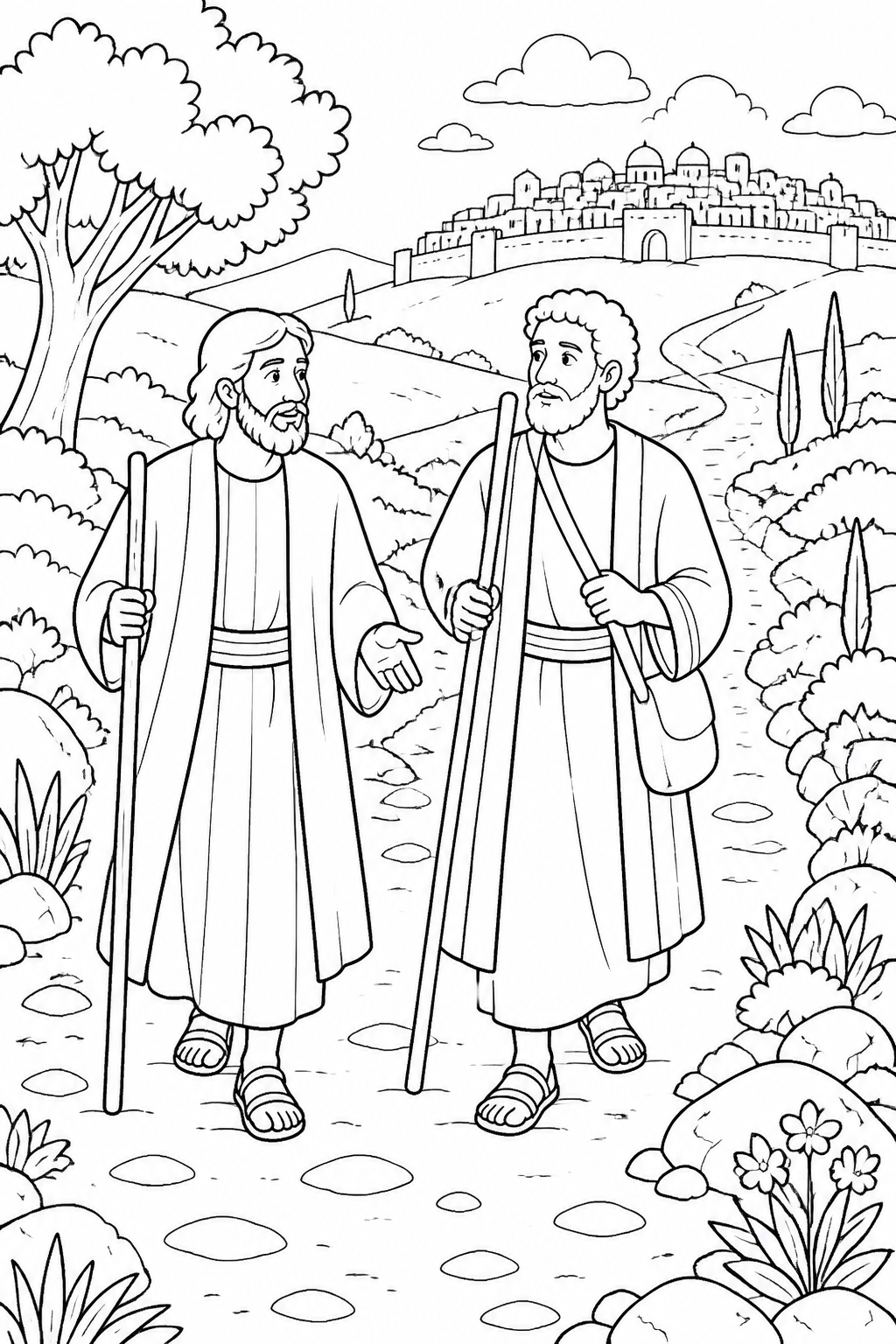 Two Disciples Travel Toward Emmaus from Jesus on the Road to Emmaus Bible coloring page