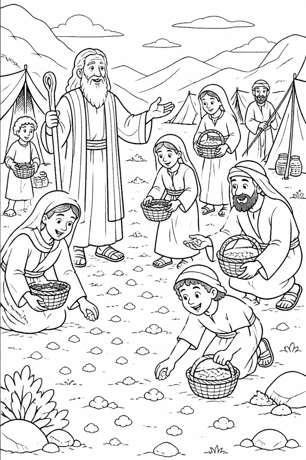 Moses and the Israelites in a wilderness camp discover fine, flaky manna on the ground after the dew lifts.