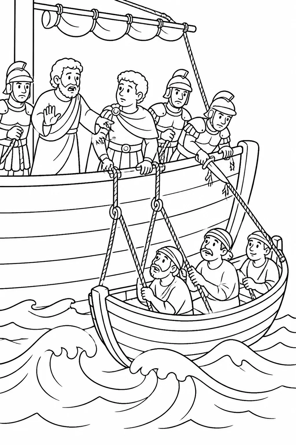 Paul warns Julius and soldiers as sailors lower a small boat and pretend to set anchors beside the main ship on a dark sea; the boat’s ropes are cut.
