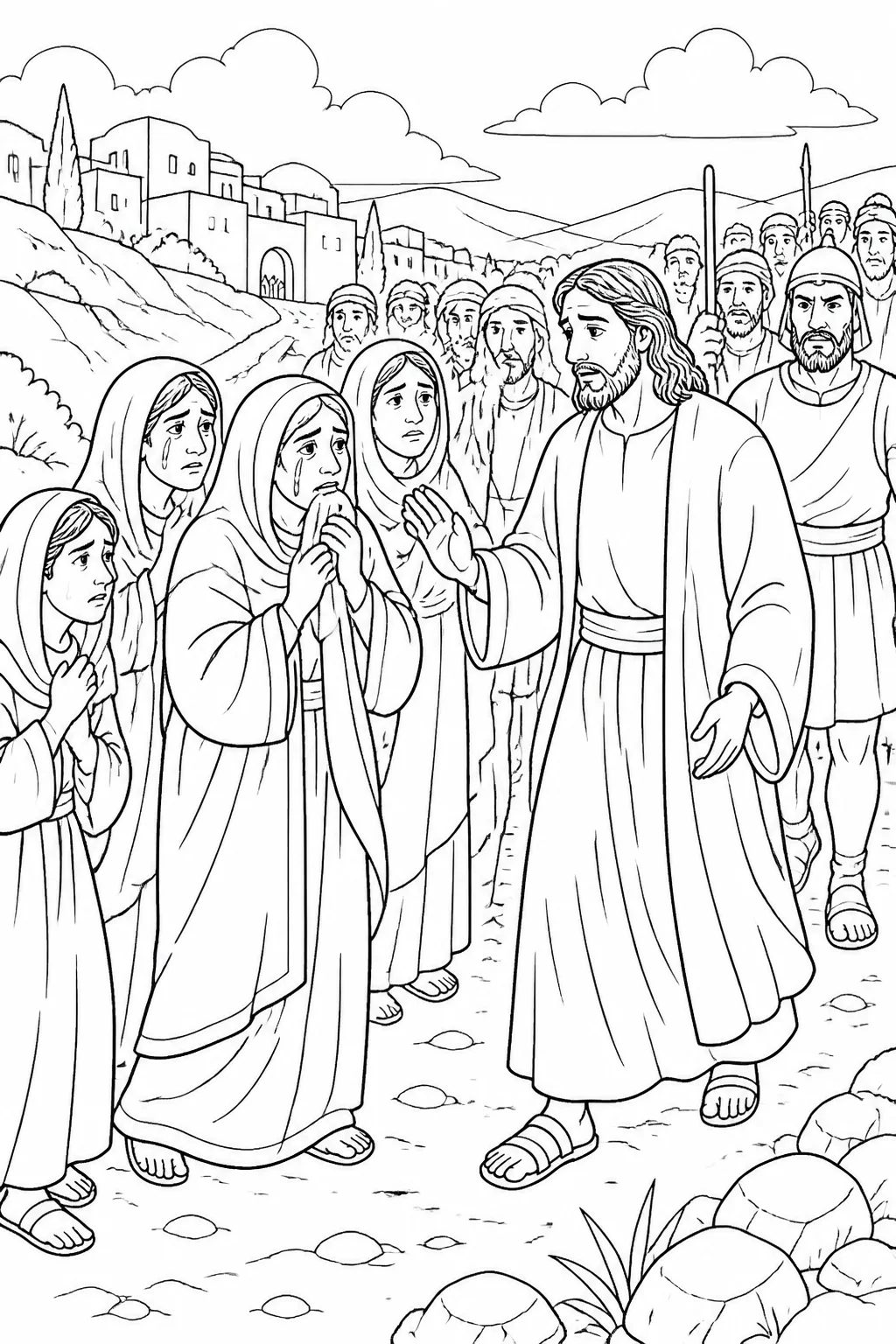 Jesus speaks to mourning women of Jerusalem as a crowd follows along the road to crucifixion.