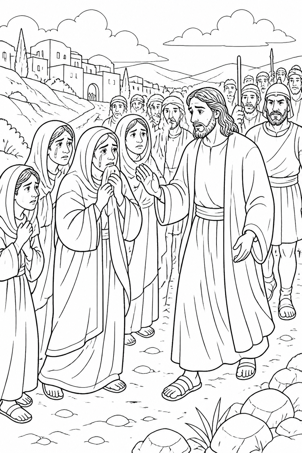Jesus Speaks to the Mourning Women from The Crucifixion of Jesus Bible coloring page