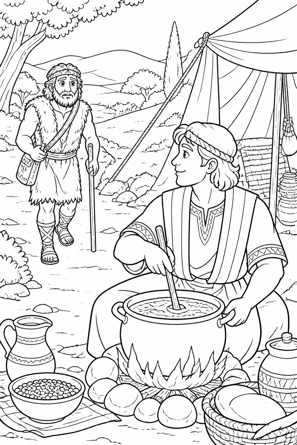 Esau returns exhausted from the open country as Jacob prepares red or lentil stew near the tents, based on Genesis 25:29–34.