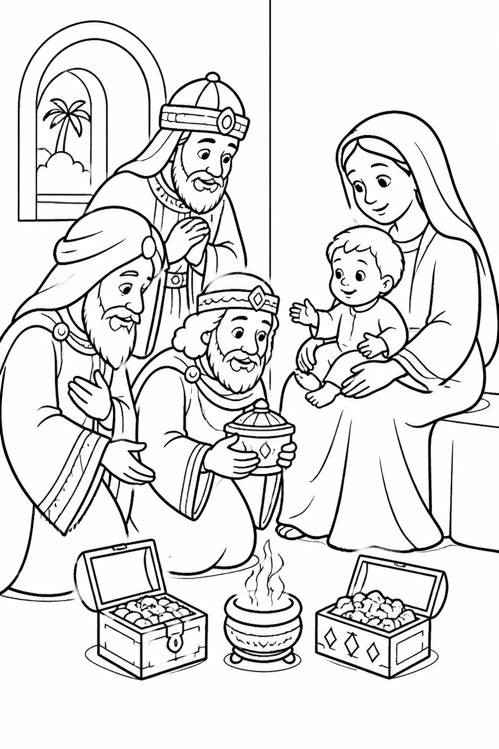 Magi from the east bow before Jesus, who is with Mary his mother inside a house, while gold, frankincense, and myrrh are presented.