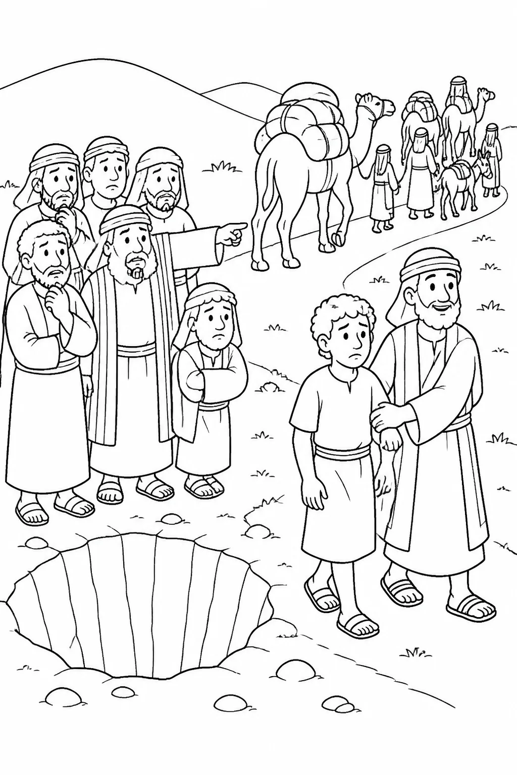 Joseph is led away against his will as his brothers stand beside a pit and a caravan of Ishmaelites travels toward Egypt.