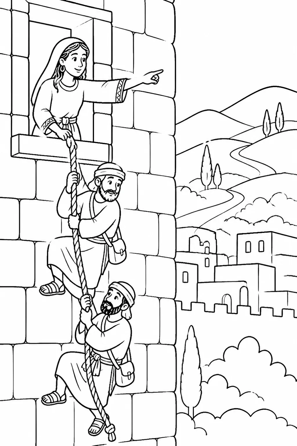 Rahab helps two unnamed Israelite spies descend by a rope through her window in Jericho’s wall and points toward the hills.