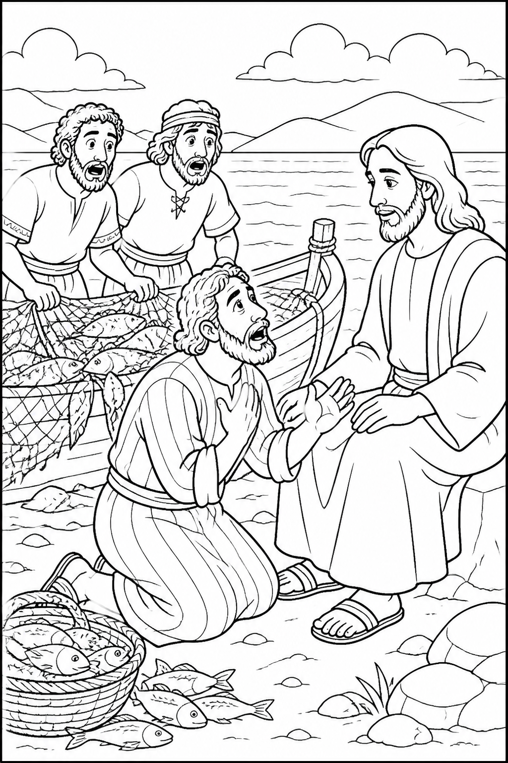 Simon’s Awe and Humility from The Miraculous Catch of Fish Bible coloring page