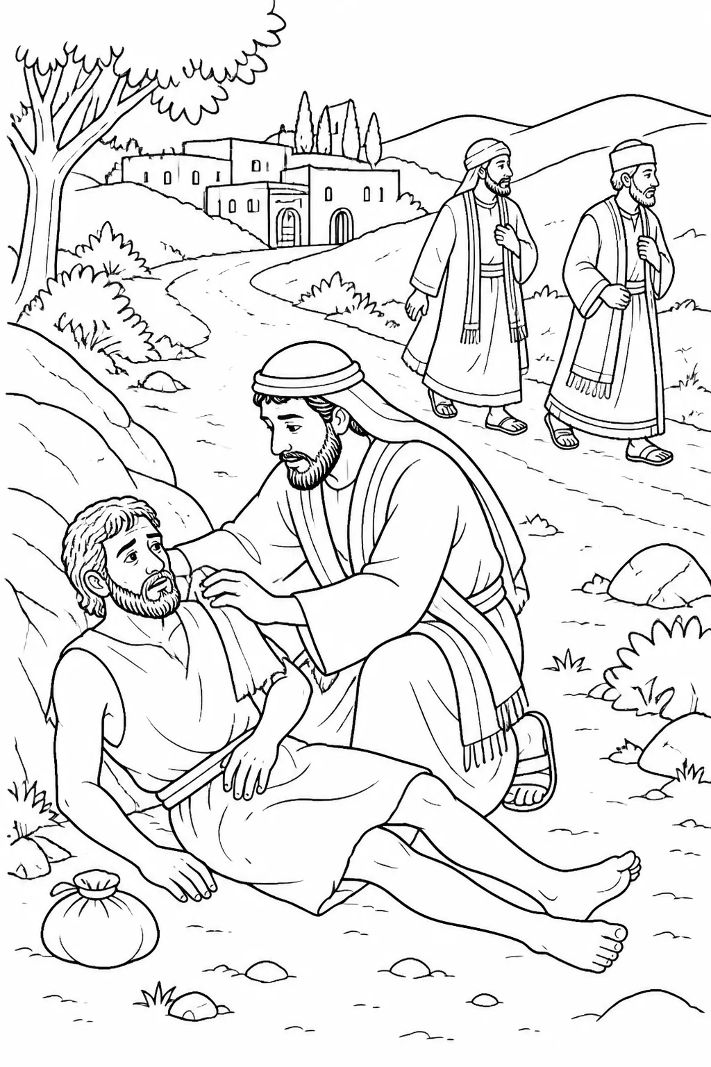 A roadside scene from Jesus’ parable in Luke 10:31–32: a priest and a Levite pass by while a Samaritan approaches a wounded traveler.