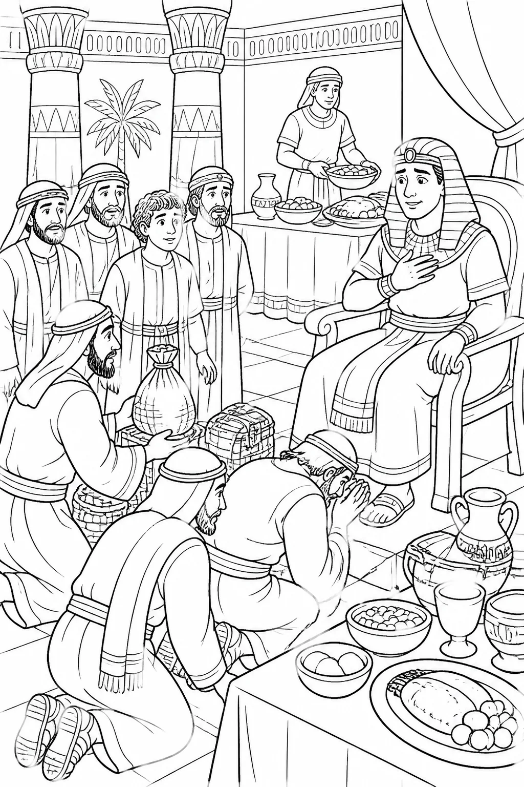 Joseph’s brothers bow before Joseph and present gifts at his house in Egypt while Benjamin and Simeon are present and a meal is prepared at separate tables.