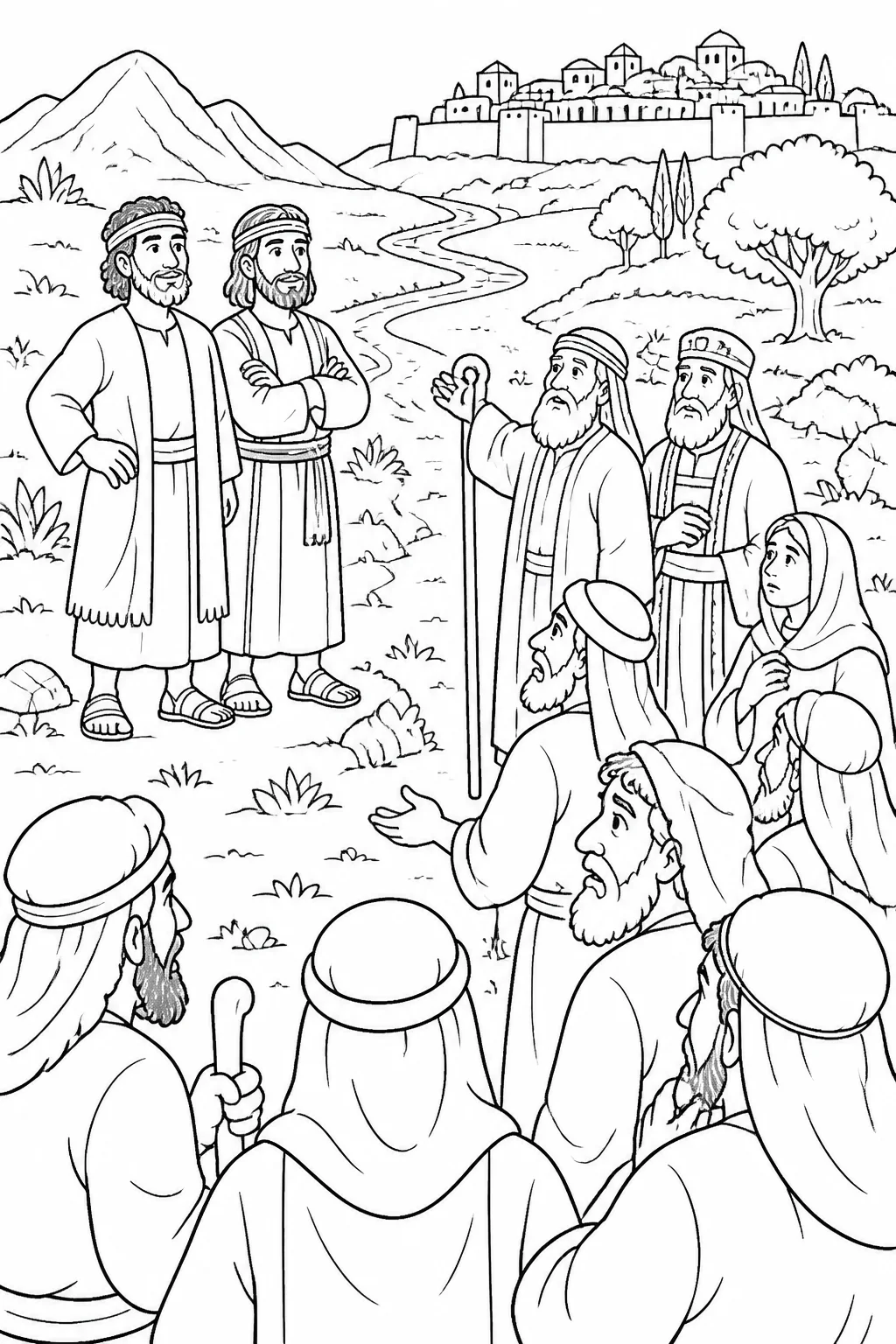Symbolic Bible scene of Joshua and Caleb set apart from the discouraged Israelite community, with a path toward distant Canaan.