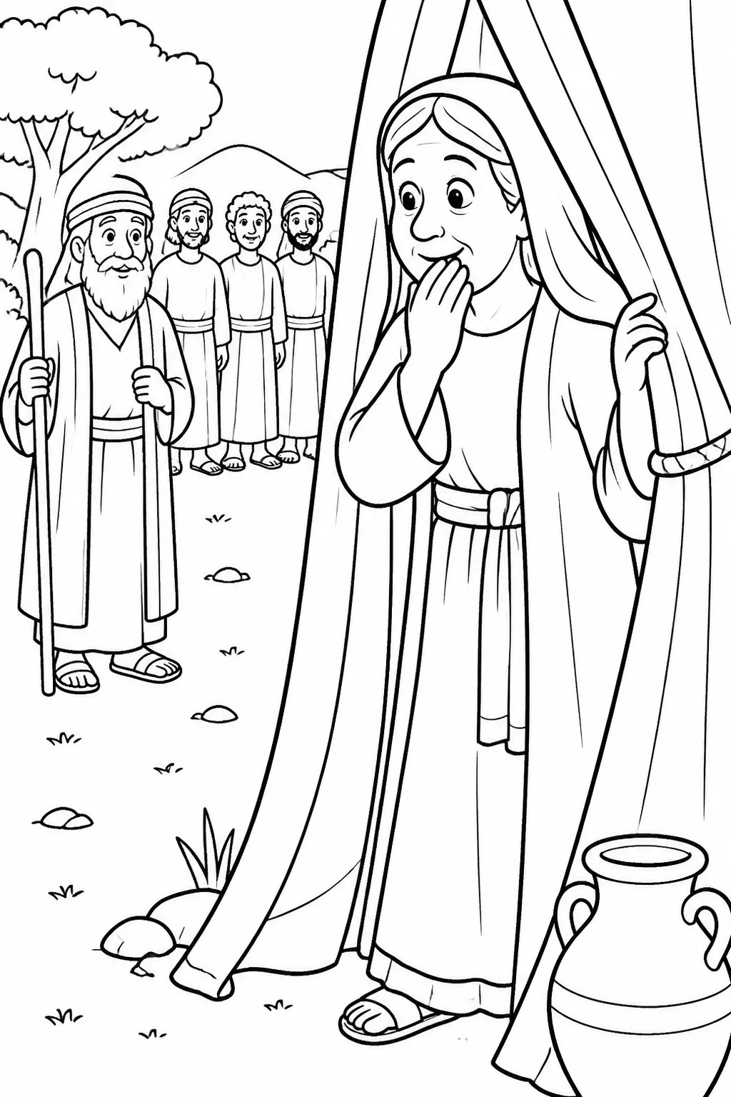 Sarah listens at the entrance of her tent as she considers the promise that she will have a son, with Abraham and three visitors connected to the scene.