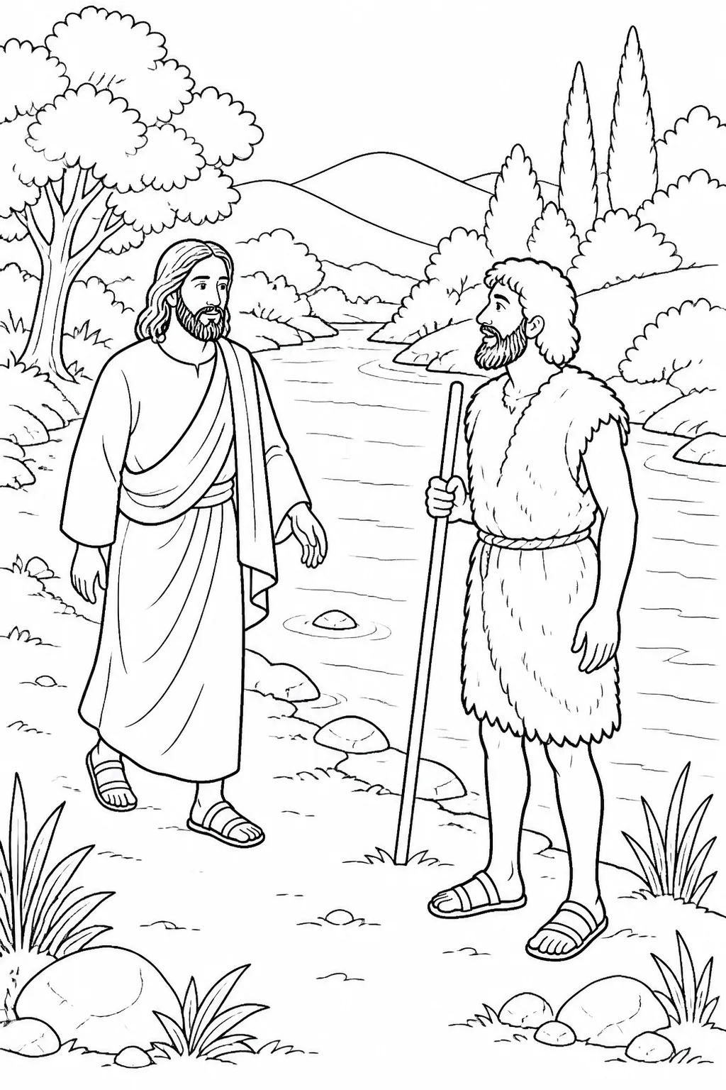 Jesus approaches John the Baptist at the Jordan River in a peaceful riverbank scene.