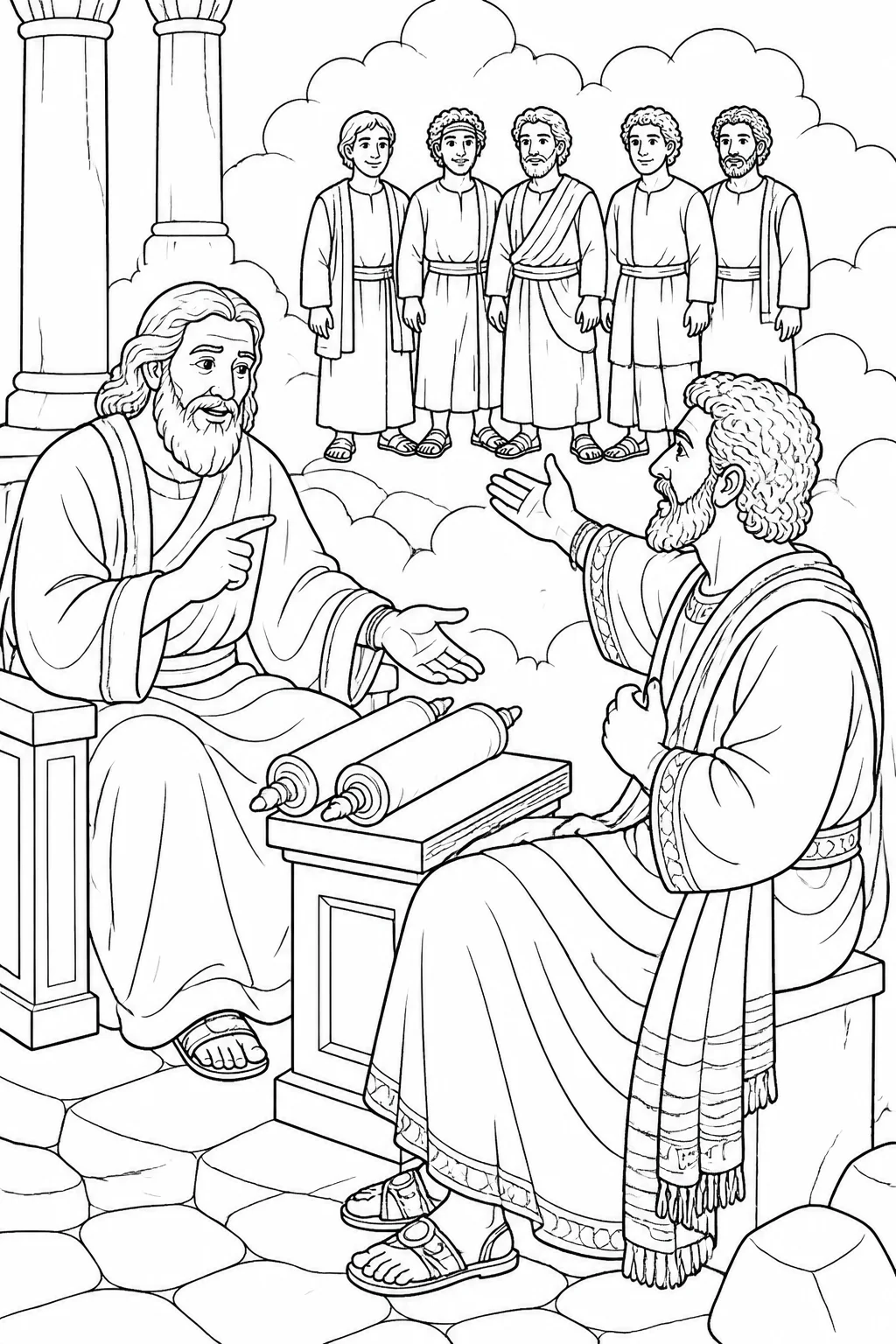 The rich man gestures toward his five unnamed brothers while Abraham points to scrolls representing Moses and the Prophets.