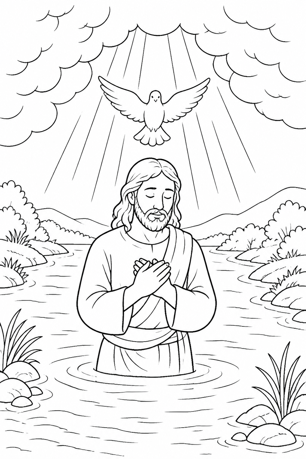 The Spirit Descends Peacefully from Jesus Is Baptized Bible coloring page