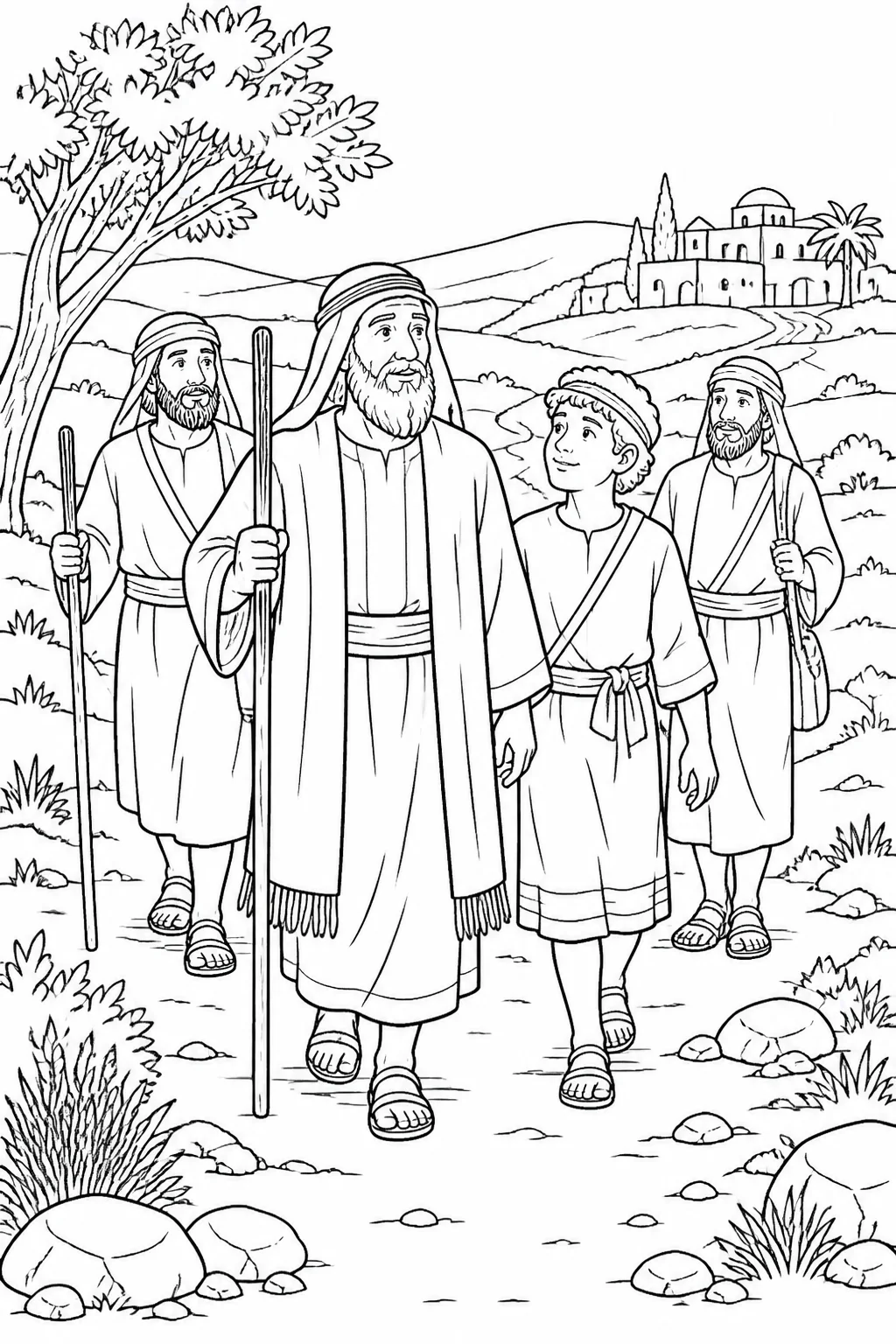 Abraham, Isaac, and two servants traveling together toward Beersheba in a calm landscape, representing their return in Genesis 22:19.