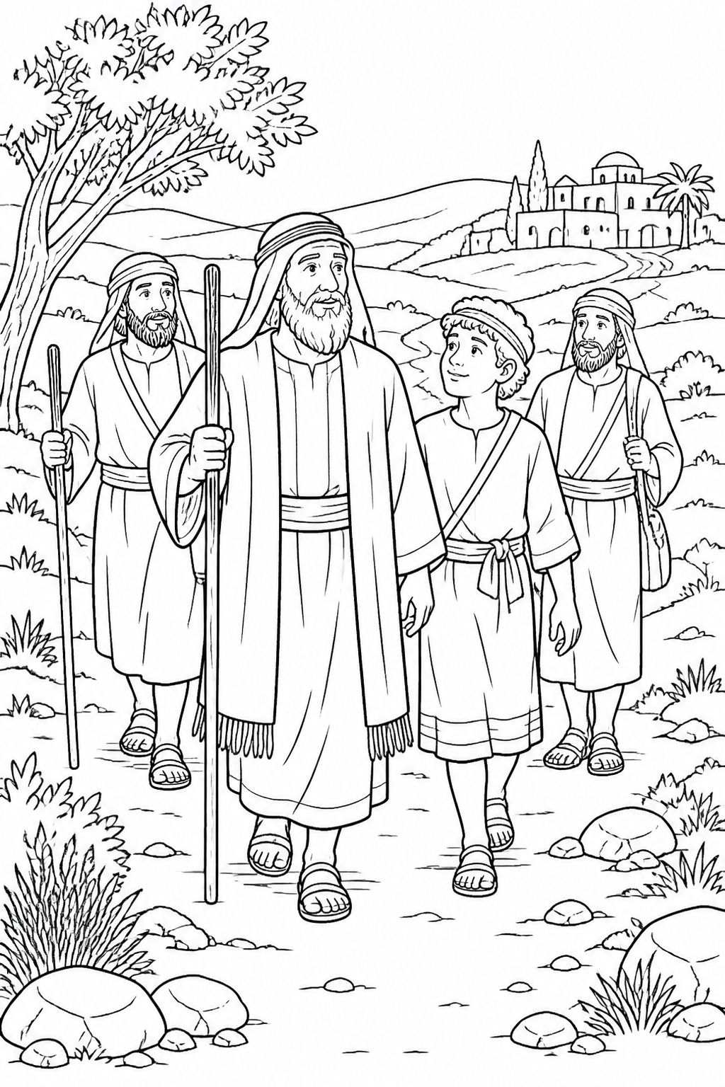 Returning to Beersheba from Abraham and Isaac on Mount Moriah Bible coloring page