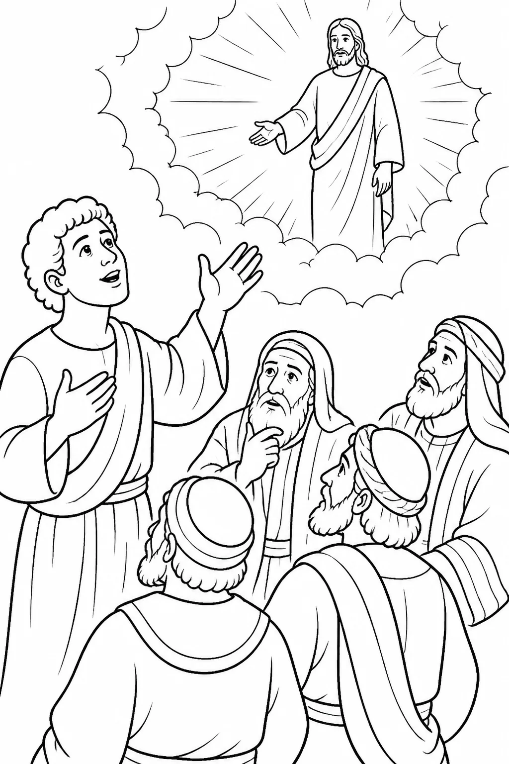 Stephen looks upward before the council and reports seeing heaven open, God’s glory, and Jesus standing at God’s right hand.