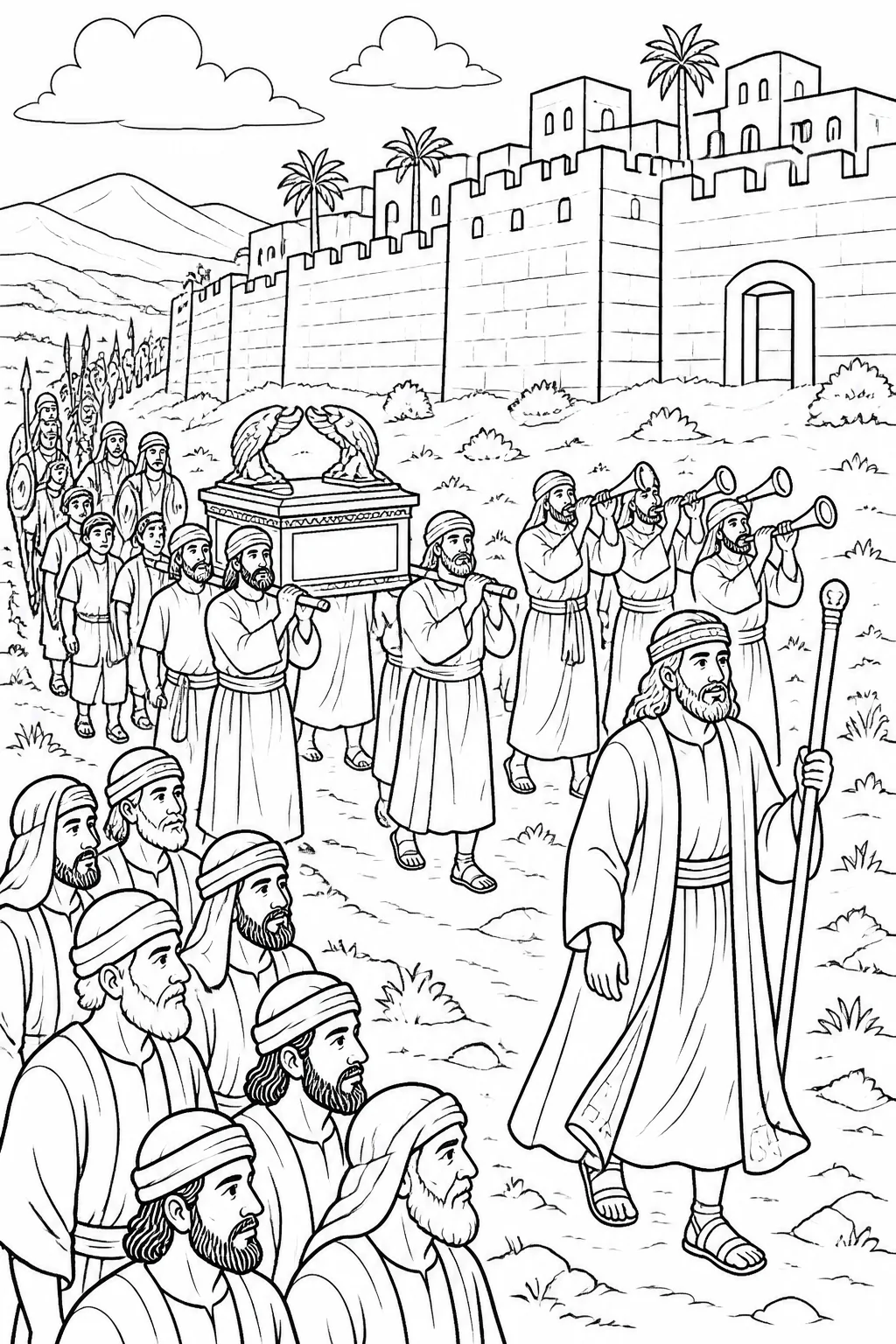 Joshua leads the priests, armed men, and people of Israel in a quiet procession with the ark and trumpets around Jericho’s standing wall during the first six days.