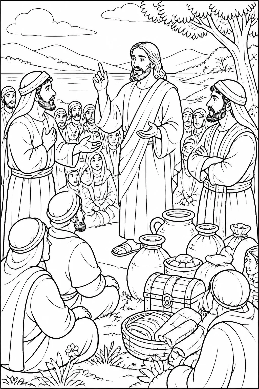 Jesus teaches a crowd while a man asks Him to tell his brother to divide an inheritance, illustrating Jesus’ warning that life does not consist in the abundance of possessions.