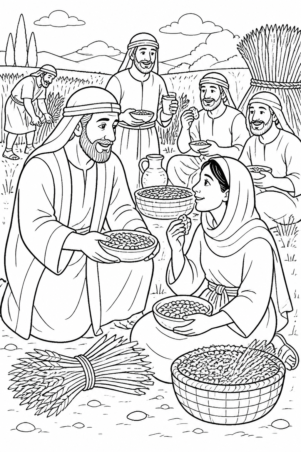 Boaz Shares Food with Ruth from Ruth Gleans in Boaz’s Field Bible coloring page