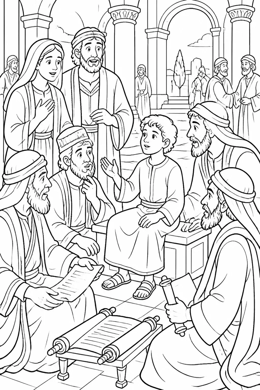 Jesus seated among several temple teachers in Jerusalem, listening and asking questions, with Mary and Joseph discovering him.