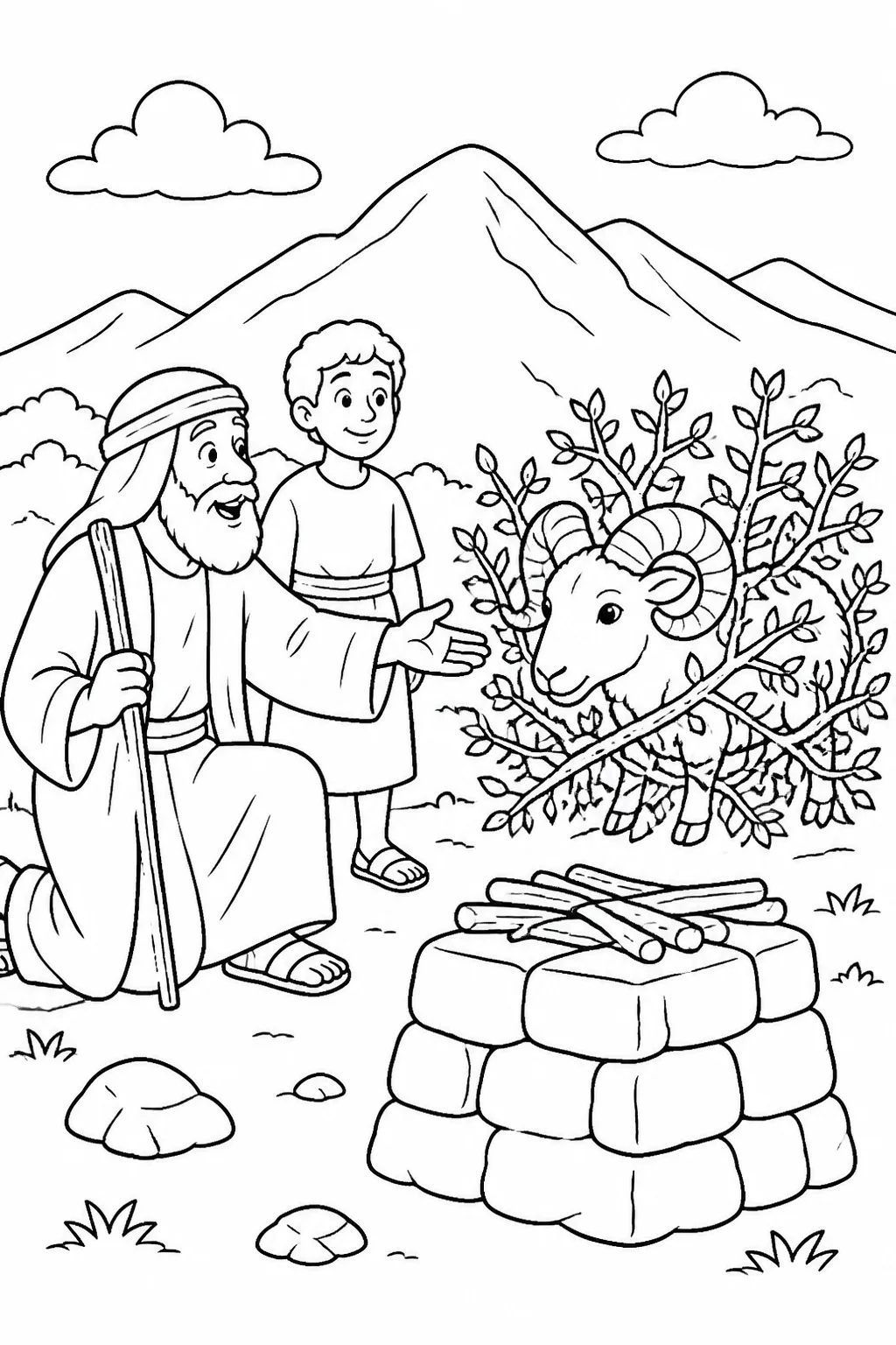 Abraham sees a ram caught by its horns in a thicket near an altar on a mountain, with Isaac unharmed nearby.