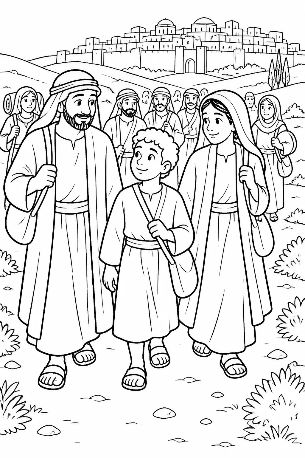 Twelve-year-old Jesus travels with Mary and Joseph among other festival travelers toward Jerusalem for Passover, with simple belongings and Jerusalem in the distance.