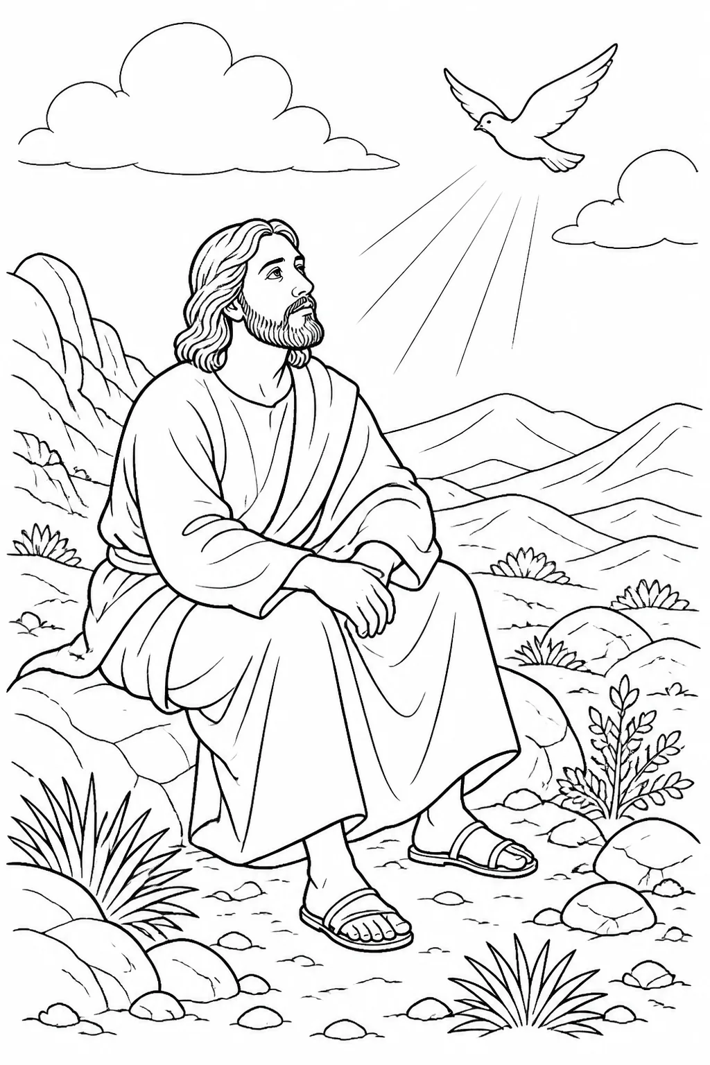 Jesus alone in the wilderness after fasting for forty days and forty nights, with a thoughtful and steady posture.