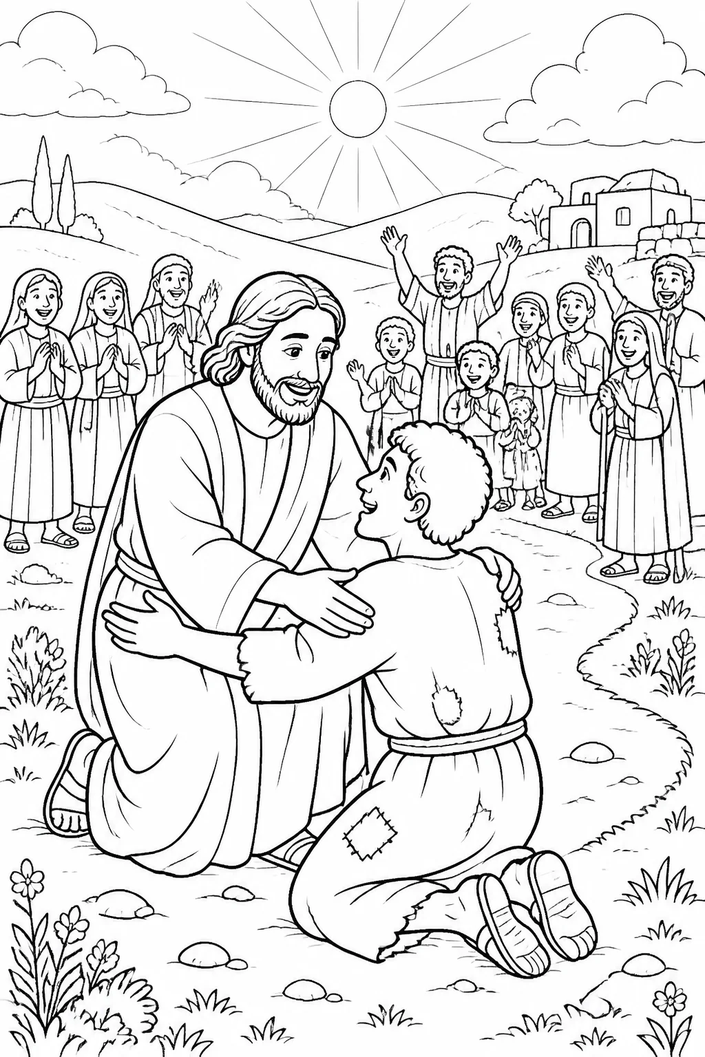 Jesus teaching about one repentant person turning back to God, with ninety-nine righteous people represented respectfully in a bright heavenly setting.