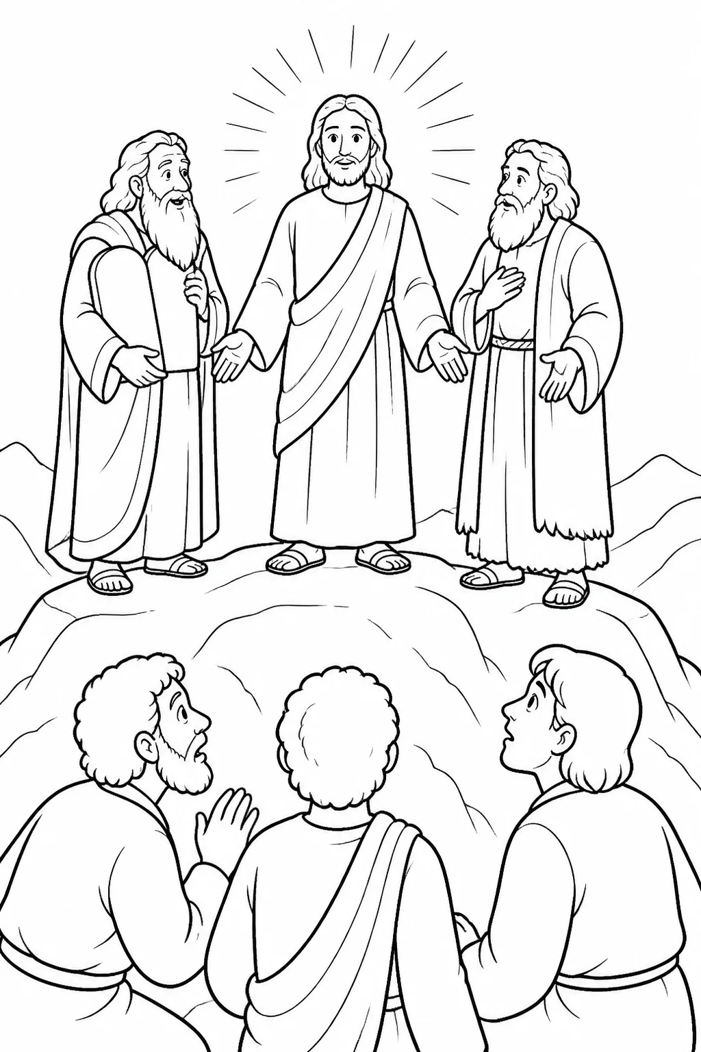 Jesus stands radiantly on a high mountain while Moses and Elijah speak with him, as Peter, James, and John observe.