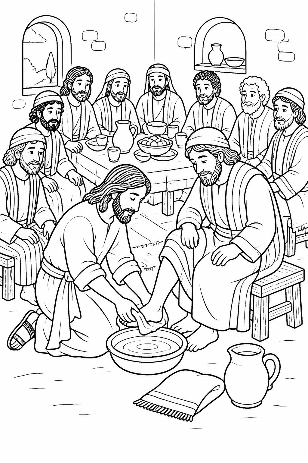 A Circle of Humble Service from Jesus Washes the Disciples’ Feet Bible coloring page