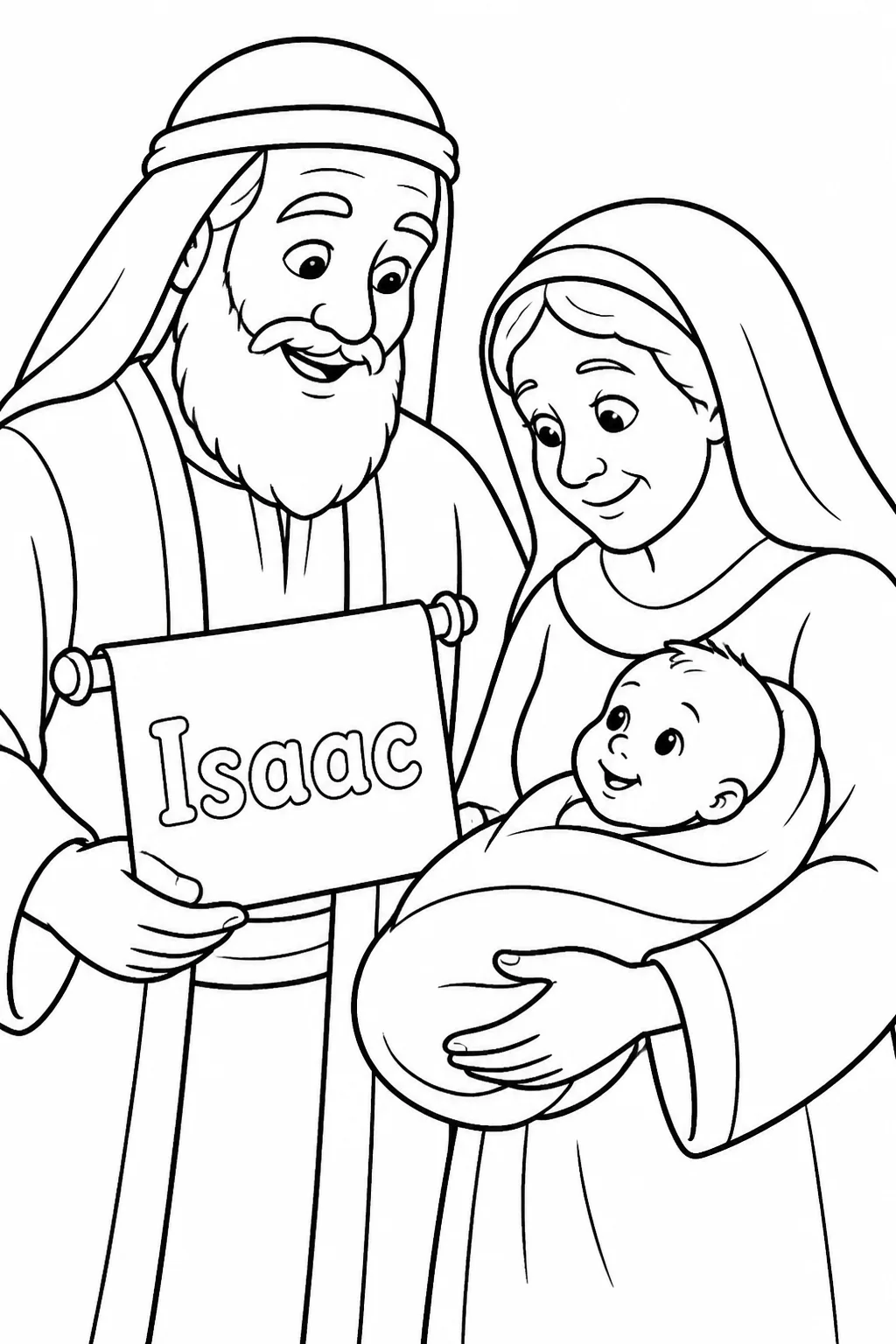 Abraham and Sarah look lovingly at their newborn son Isaac beside a simple marker reading “Isaac.”