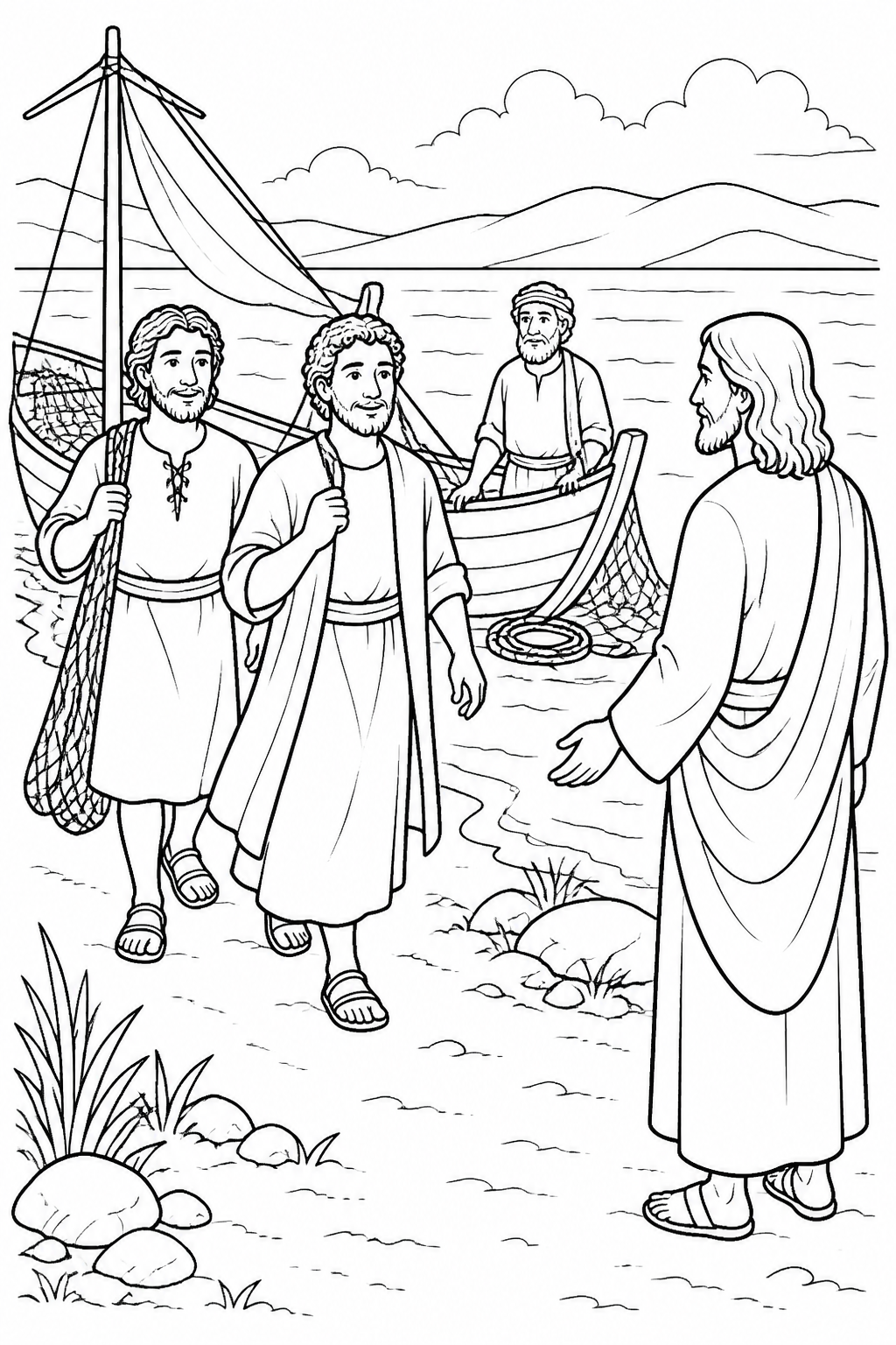 James and John Follow Jesus from Jesus Calls His First Disciples Bible coloring page