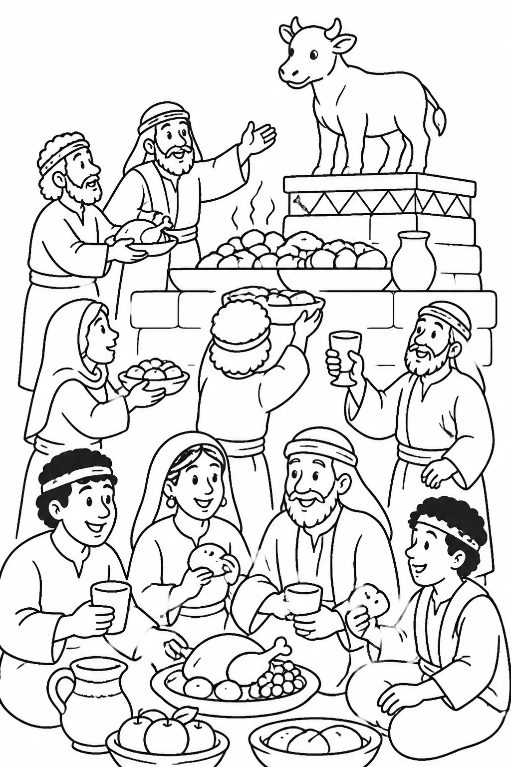 The Israelites offer burnt offerings and peace offerings at an altar before the golden calf, then eat, drink, and play; Aaron is present.