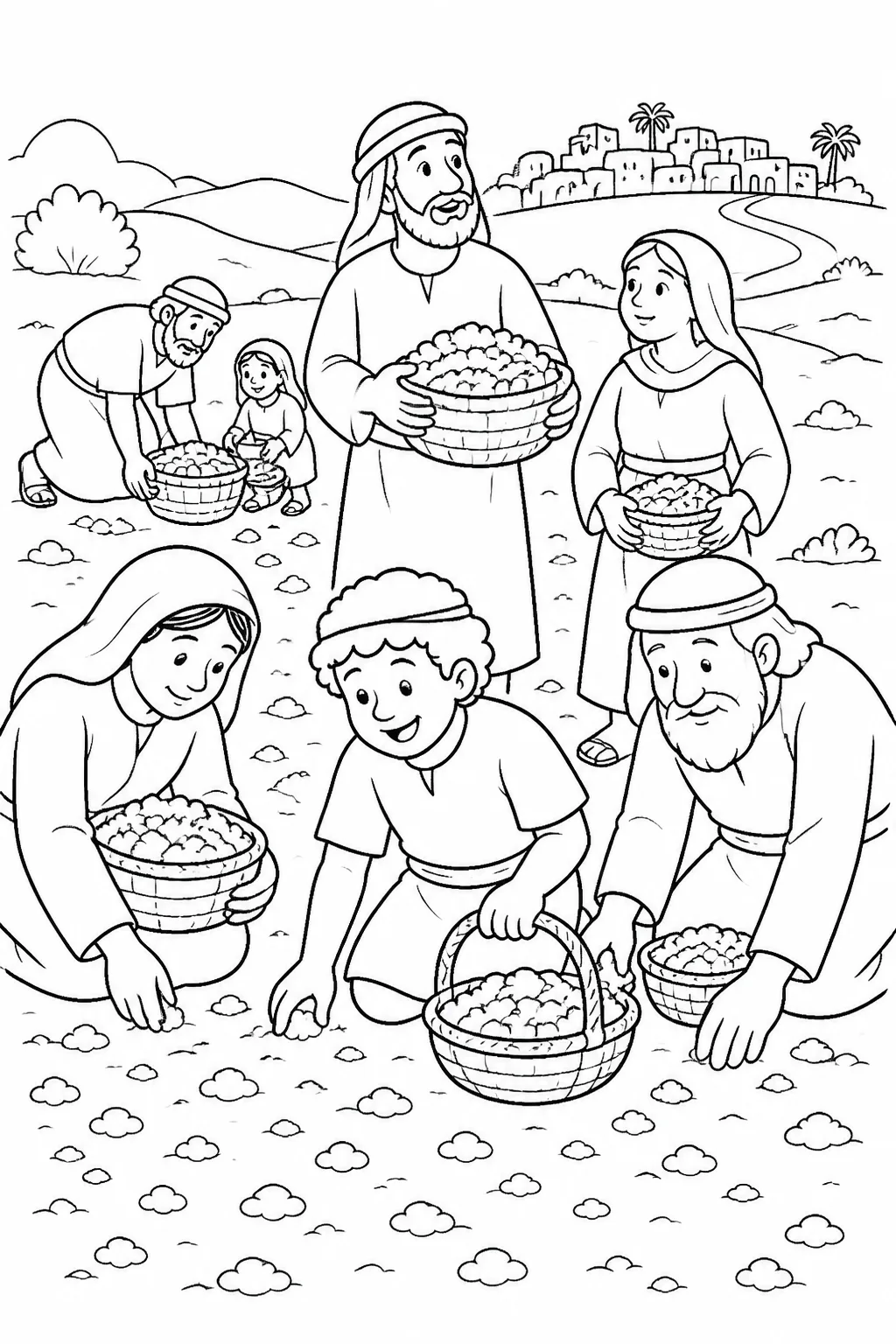 The Israelites gathering manna in the wilderness, with a distant inhabited land representing the forty years they ate manna.