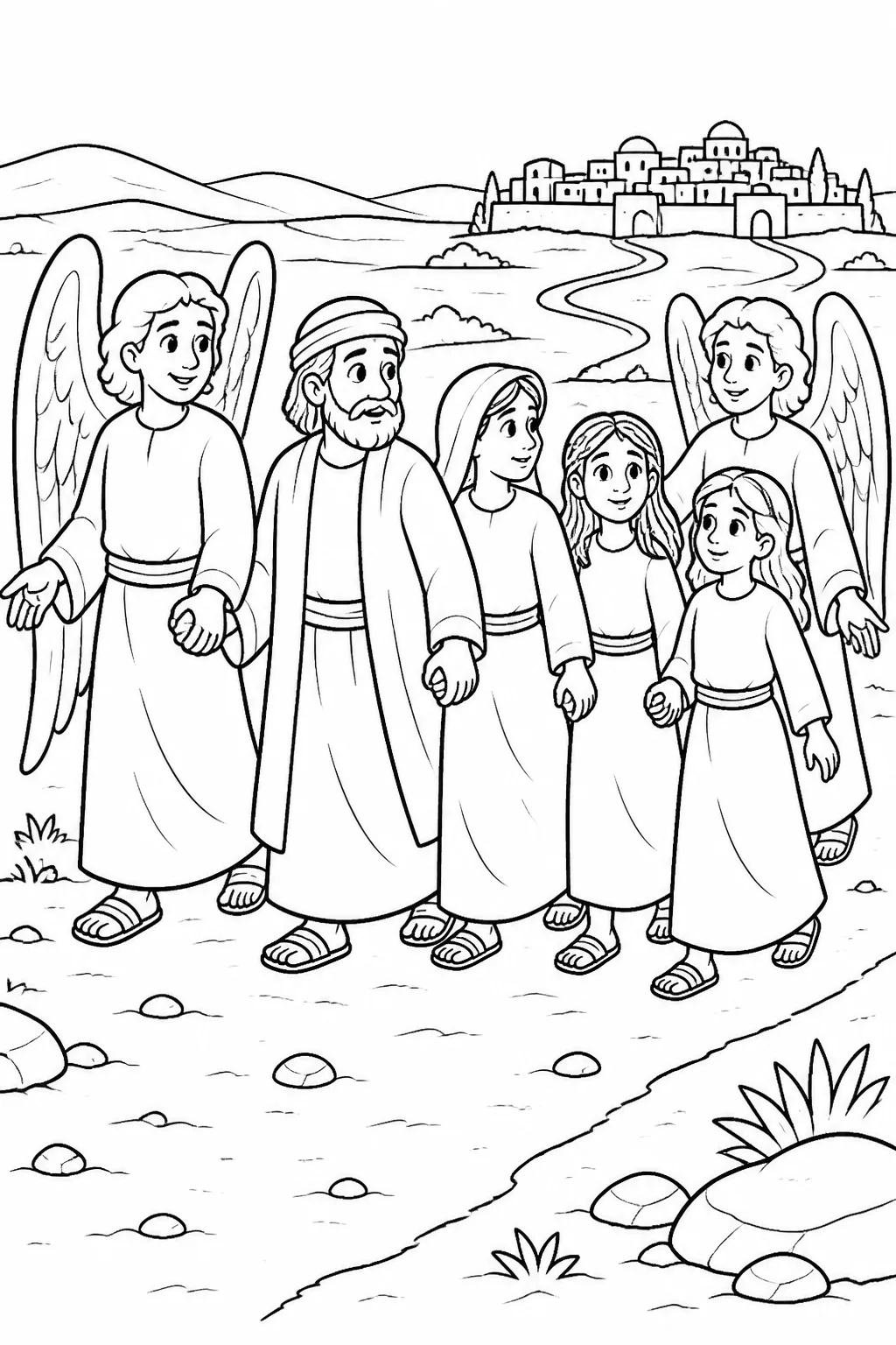 Two angels lead Lot, his wife, and his two daughters by the hand from Sodom toward Zoar across the surrounding plain at dawn.
