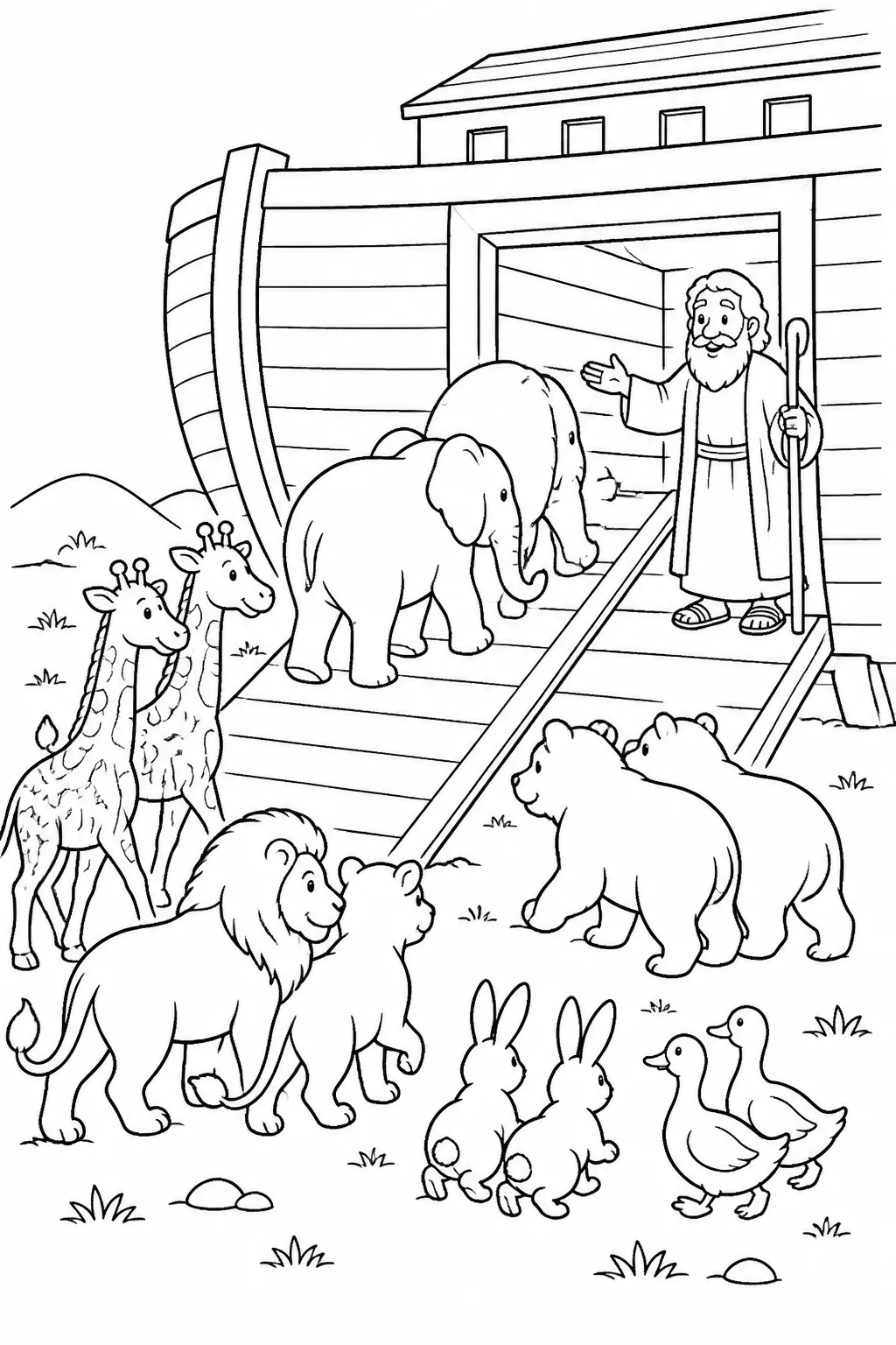 Animals arrive two by two from Noah’s Ark Bible coloring page