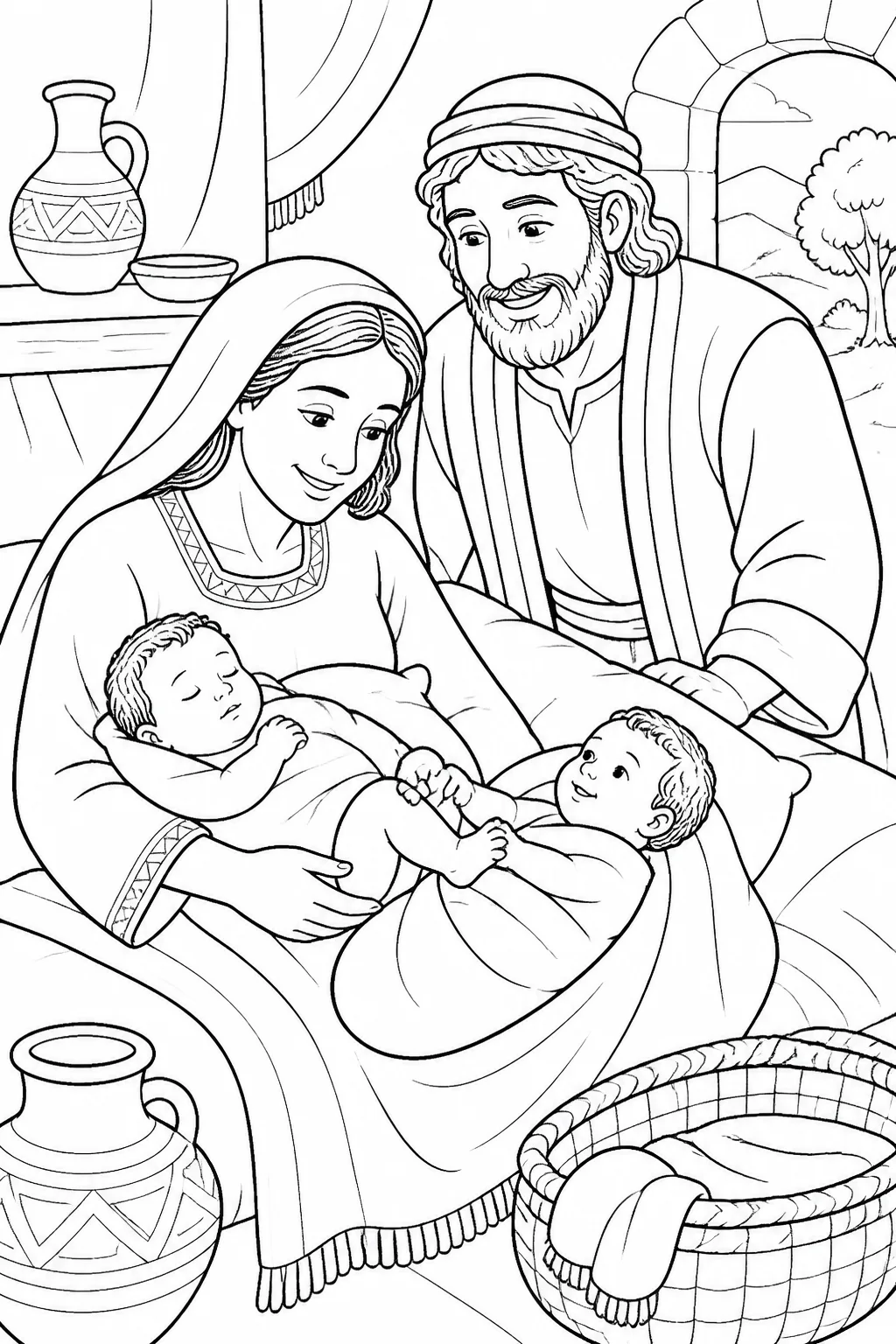 Rebekah with newborn twins Esau and Jacob, with Jacob holding Esau’s heel and Isaac nearby, depicting Genesis 25:19-26.