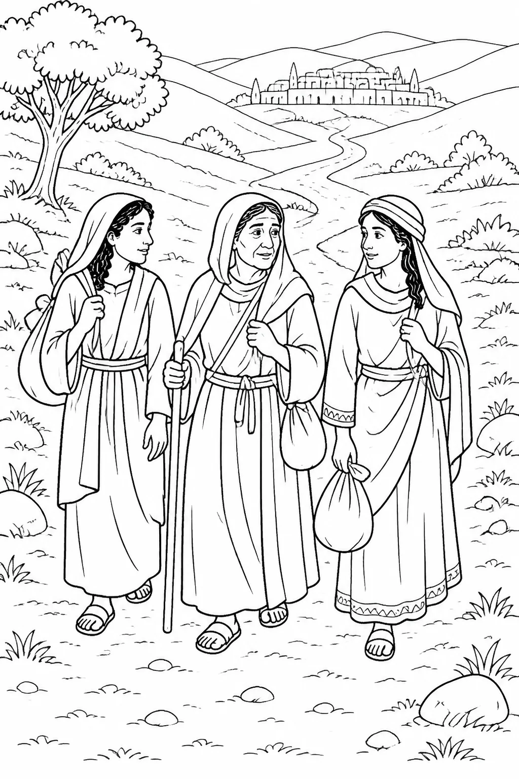 Naomi, Ruth, and Orpah walking with simple travel bundles along a road from Moab toward Bethlehem, based on Ruth 1:6–7.