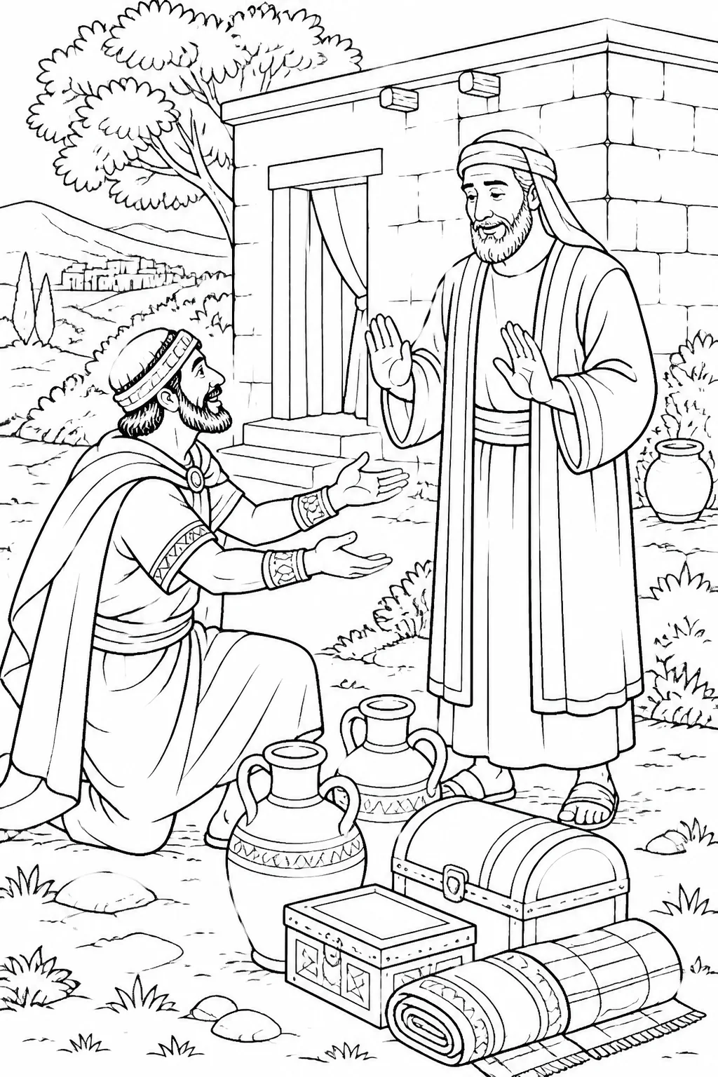 Naaman returns to Elisha at Elisha’s house after being healed, offering gifts that Elisha refuses.