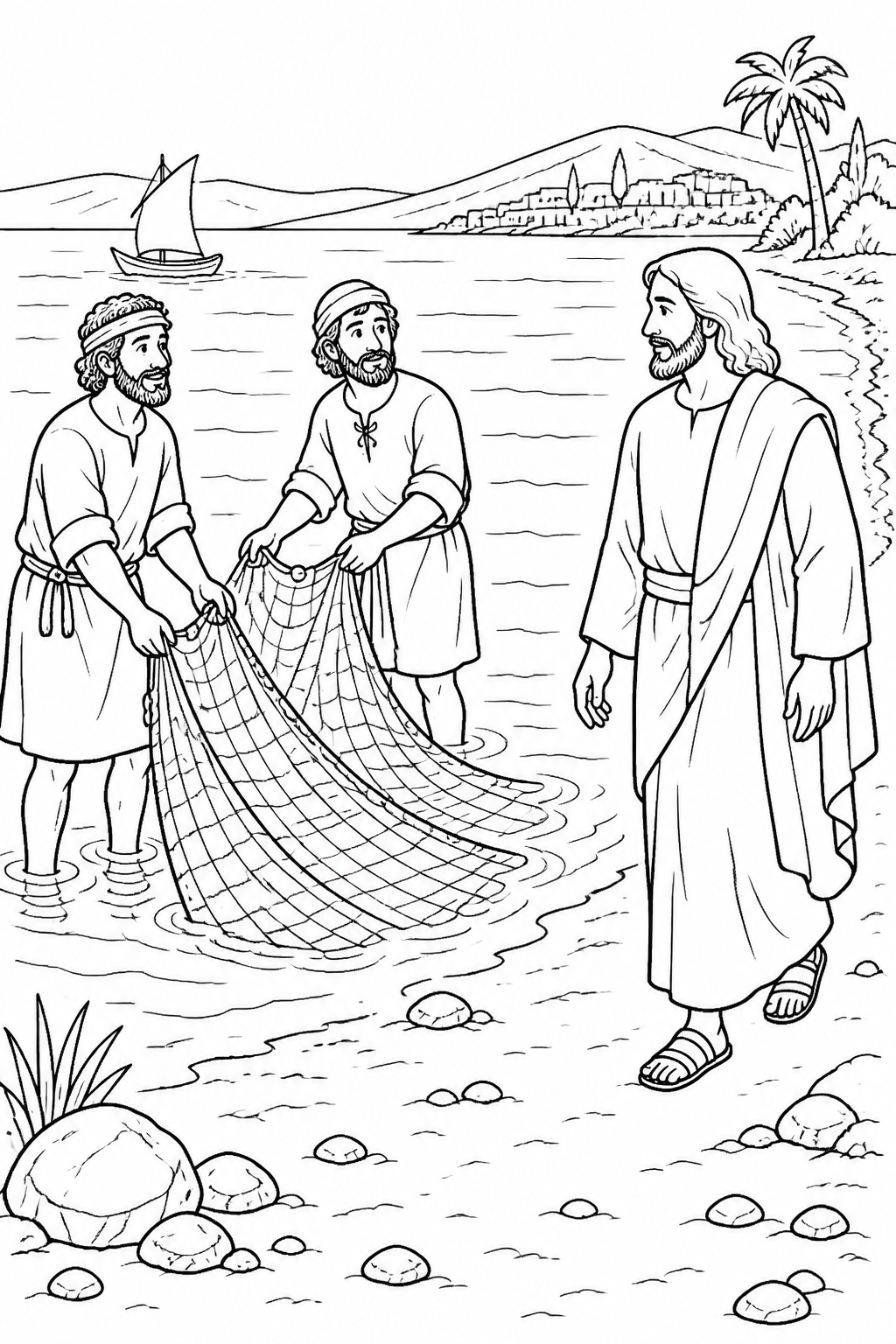 Fishermen Beside the Sea from Jesus Calls His First Disciples Bible coloring page