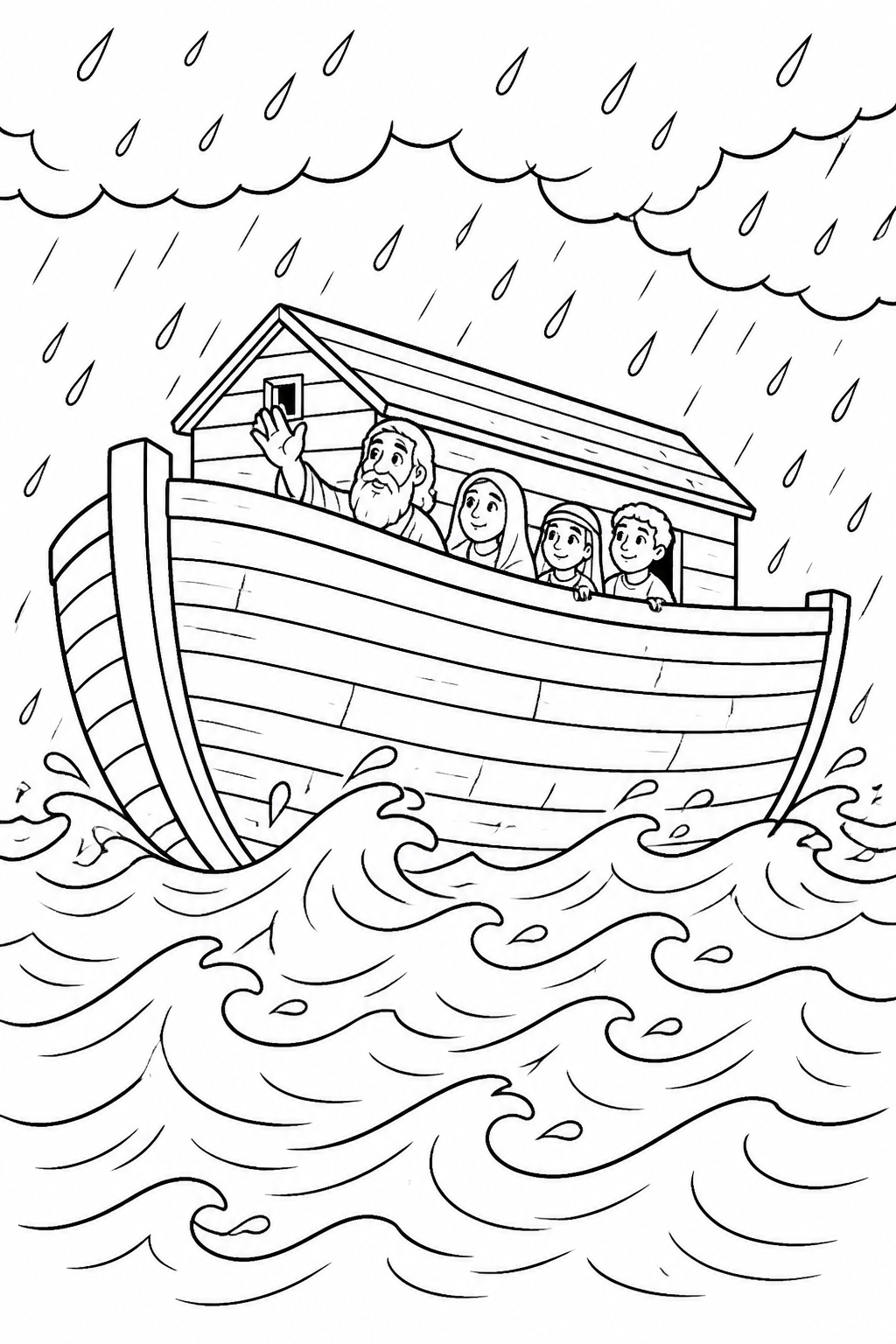 The rain begins from Noah’s Ark Bible coloring page