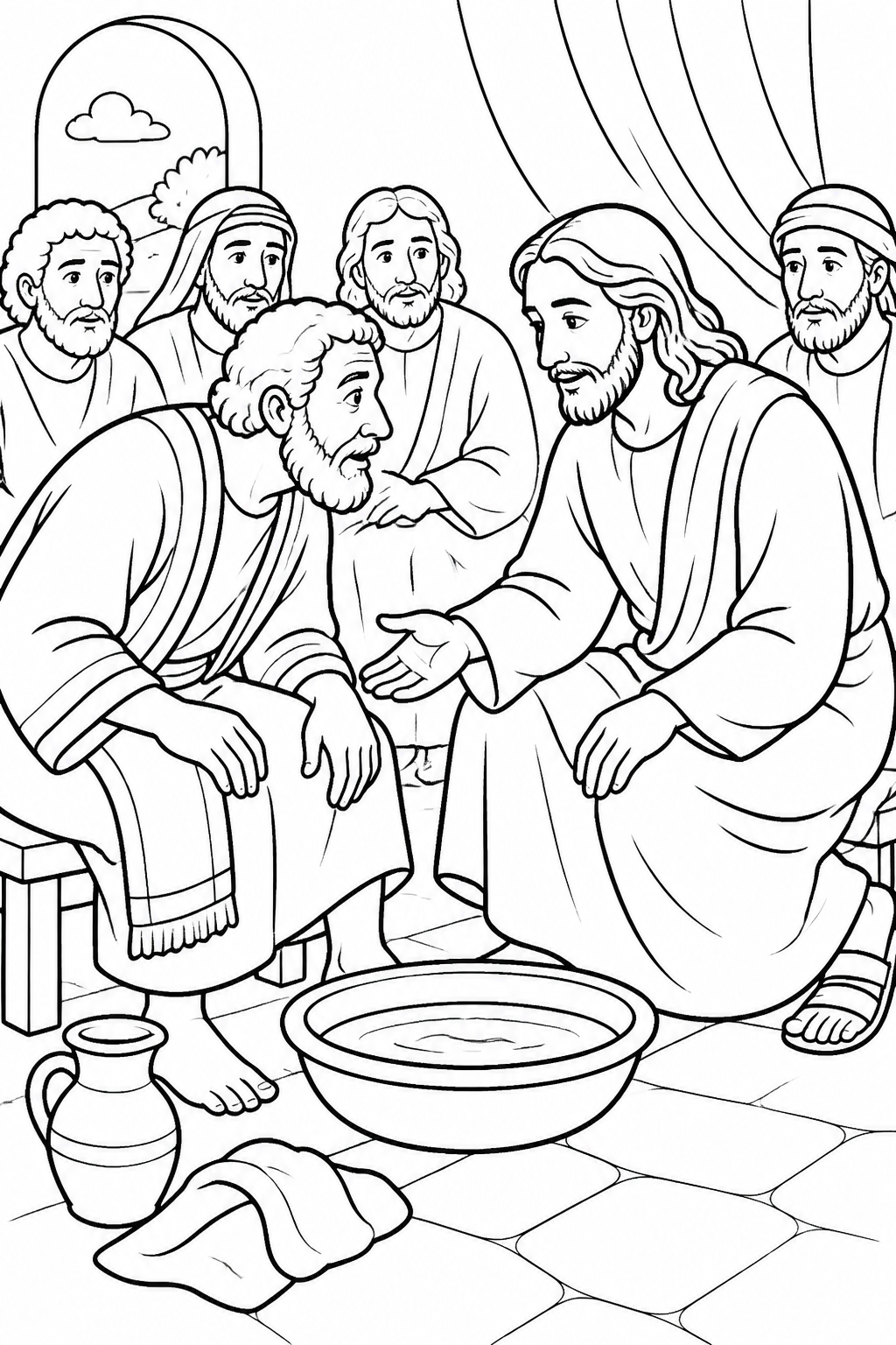 Peter Chooses to Be Washed from Jesus Washes the Disciples’ Feet Bible coloring page