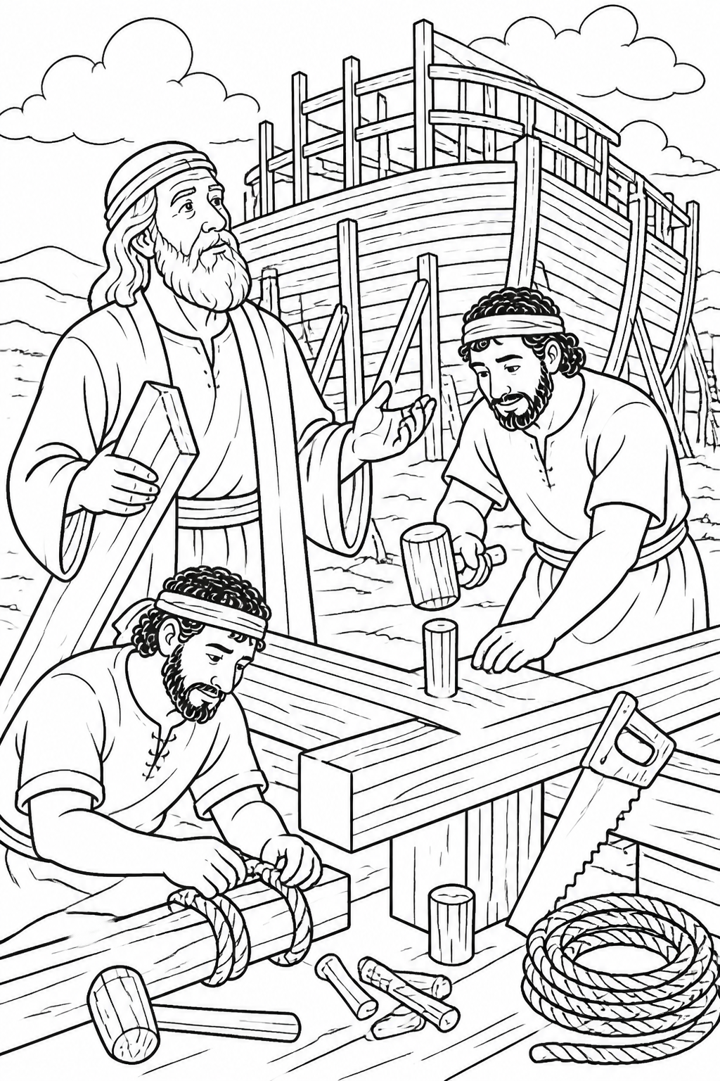 Noah and Family Building the Ark from Noah’s Ark Bible coloring page