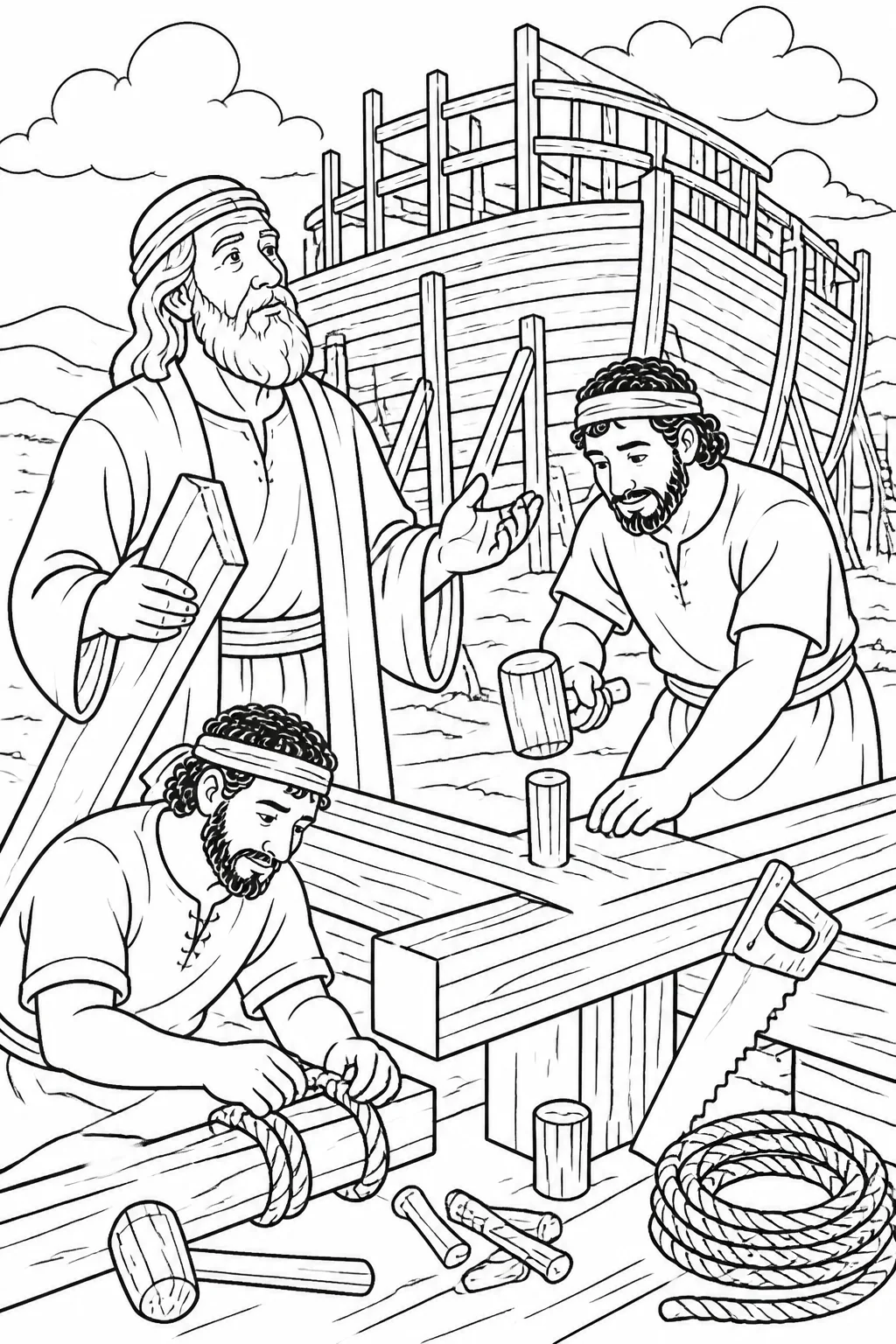 Noah and Family Building the Ark from Noah’s Ark Bible coloring page