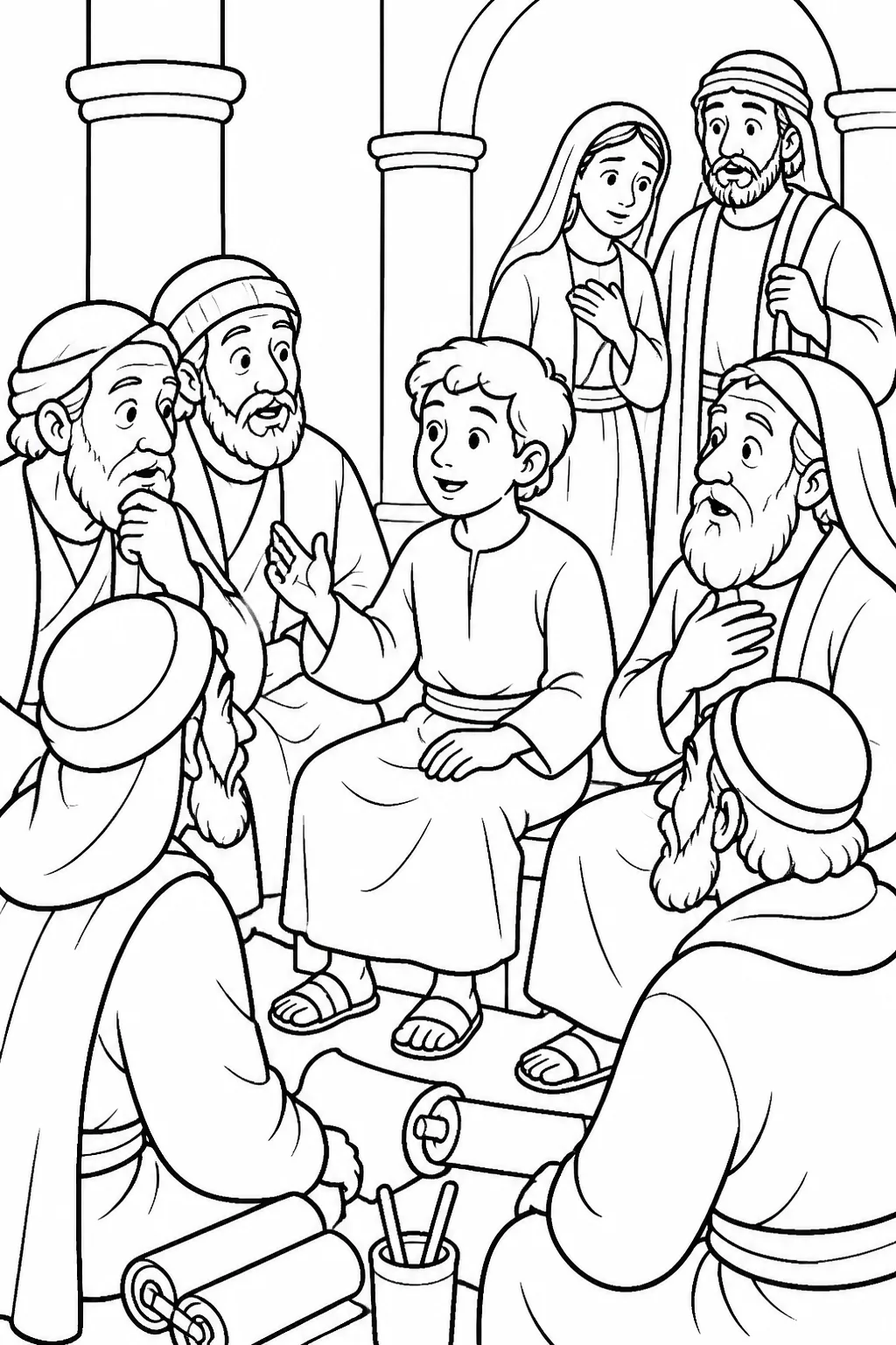 Twelve-year-old Jesus sits among temple teachers, listening and asking questions, while Mary and Joseph arrive nearby.