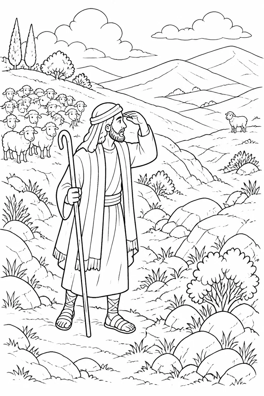 A shepherd searches the wilderness for one missing sheep while ninety-nine sheep remain together in the background.