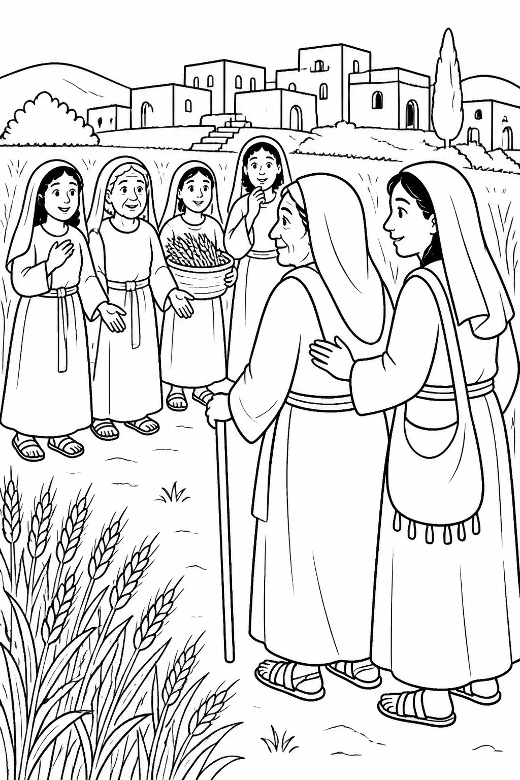 Naomi and Ruth arrive together at the edge of Bethlehem as women of the town notice them; the scene represents Ruth 1:19–22 and the beginning of the barley harvest.