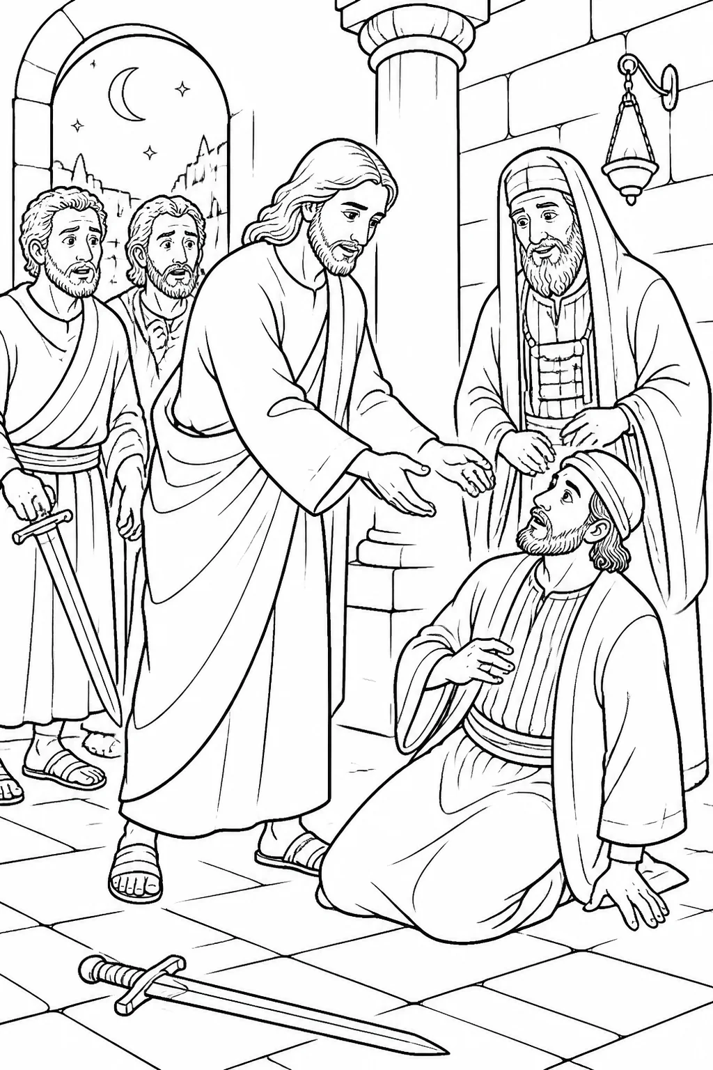 Jesus reaches toward the high priest’s unnamed servant while nearby disciples lower a sword, illustrating Luke 22:49–51.